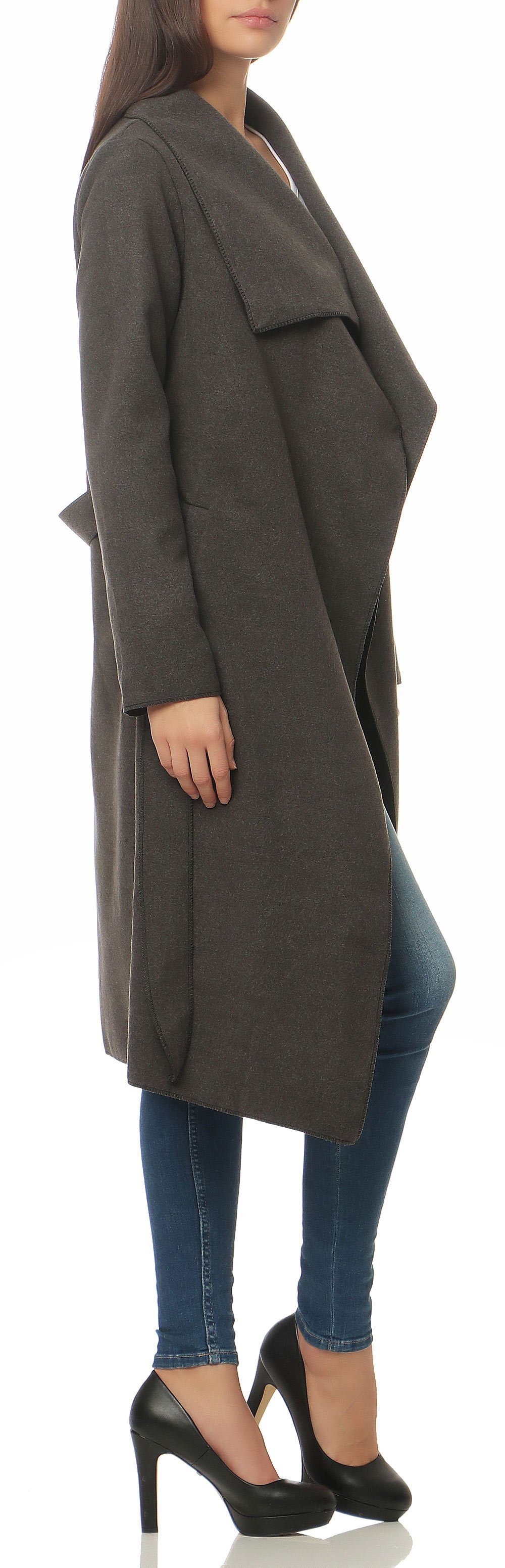 malito more than fashion Langmantel malito Damen Mantel lang mit Wasserfall-Schnitt, Trenchcoat mit Gürte langer Mantel im Wasserfall-Schnitt mit Bindegürtel Ei – Bild 2 von 5