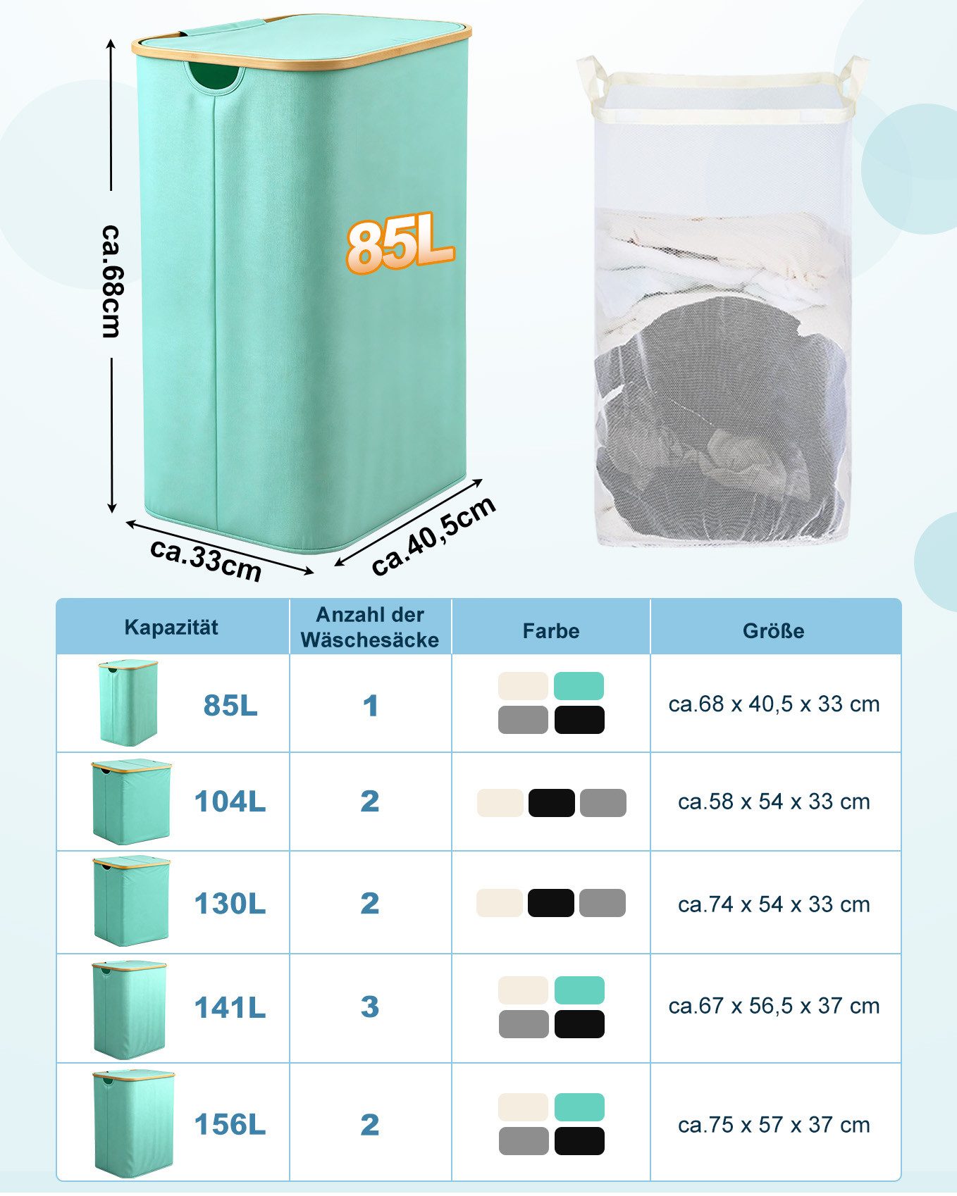 Ribelli Wäschekorb Wäschekorb mit Deckel und Herausnehmbar Wäschesack, Wäschetonne Schmal für Waschküche, Bad, Schlafzimmer, 85L