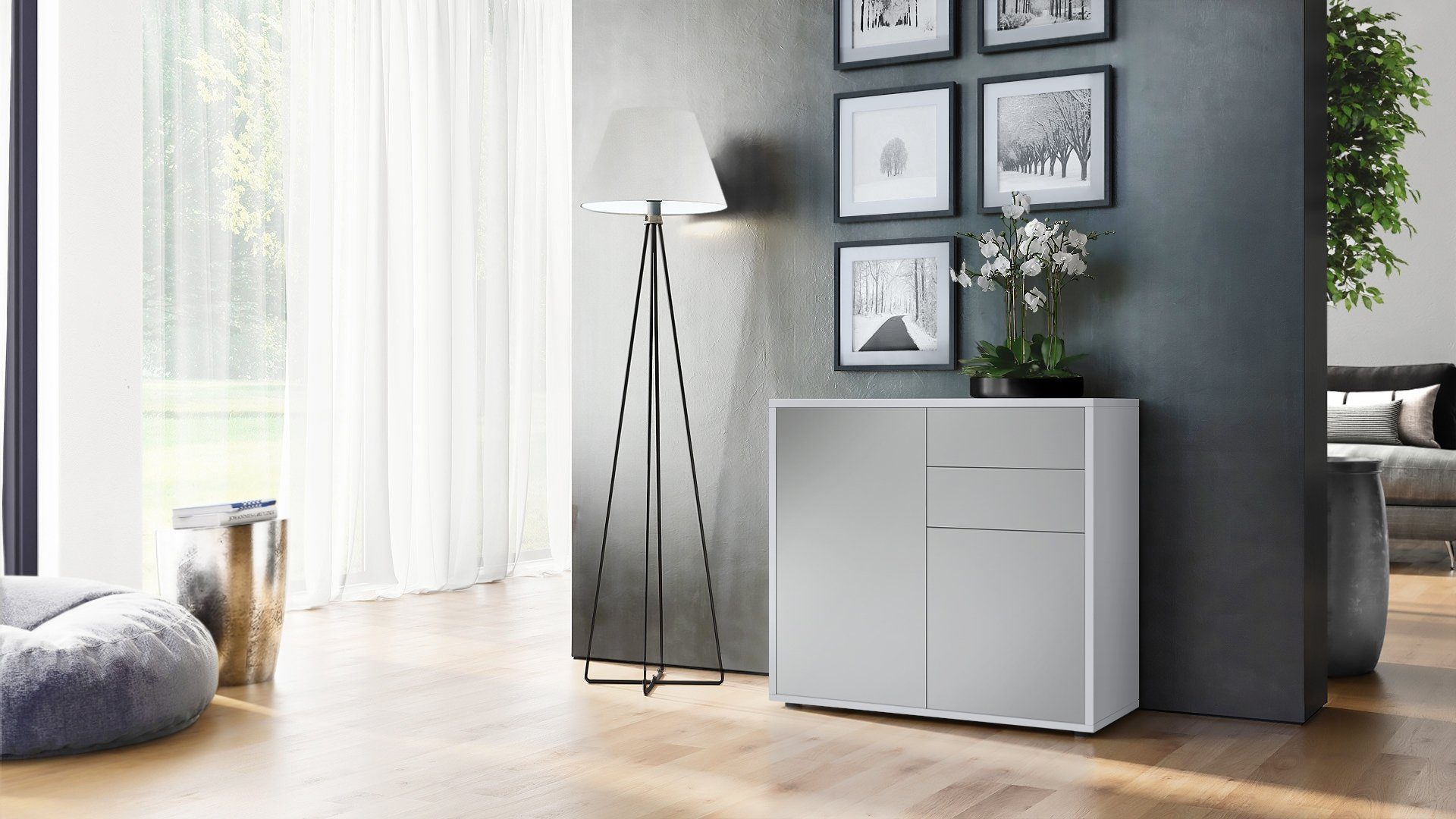Vladon Kommode Ben V1 (Kommode, mit 2 Türen und 2 Schubladen), Weiß matt/Hellgrau Seidenmatt (79 x 74 x 36 cm)