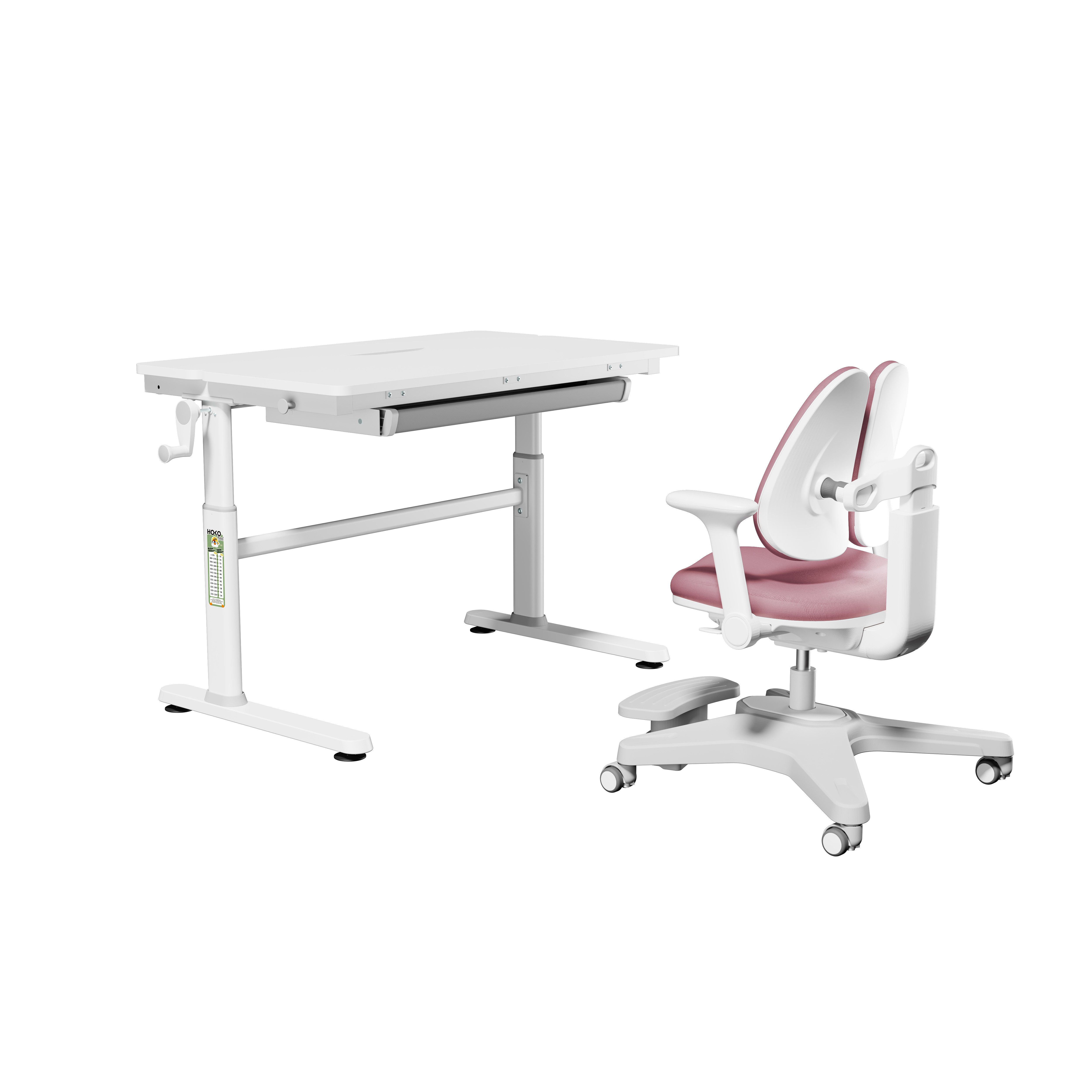 HOKO Kinderschreibtisch höhenverstellbar für Kinder ab 6 Jahren (Tisch-Stuhl-Set, mit lila Kinderstuhl, 1 Schublade und 100x40 cm neigbarer Tischplatte), 100x60 cm Arbeitsfläche, Hausaufgaben & Lernen, Weiß-Lila, JANA & ANKE