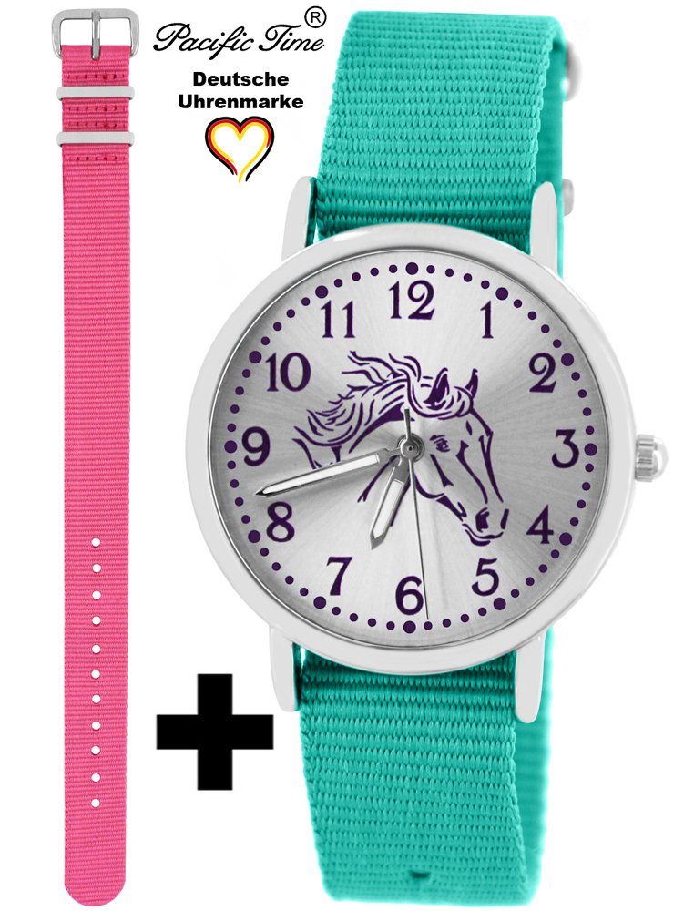 Pacific Time Quarzuhr Set Wechselarmband, Pferd Versand Kinder rosa - violett Armbanduhr Design Gratis und und Mix Match türkis