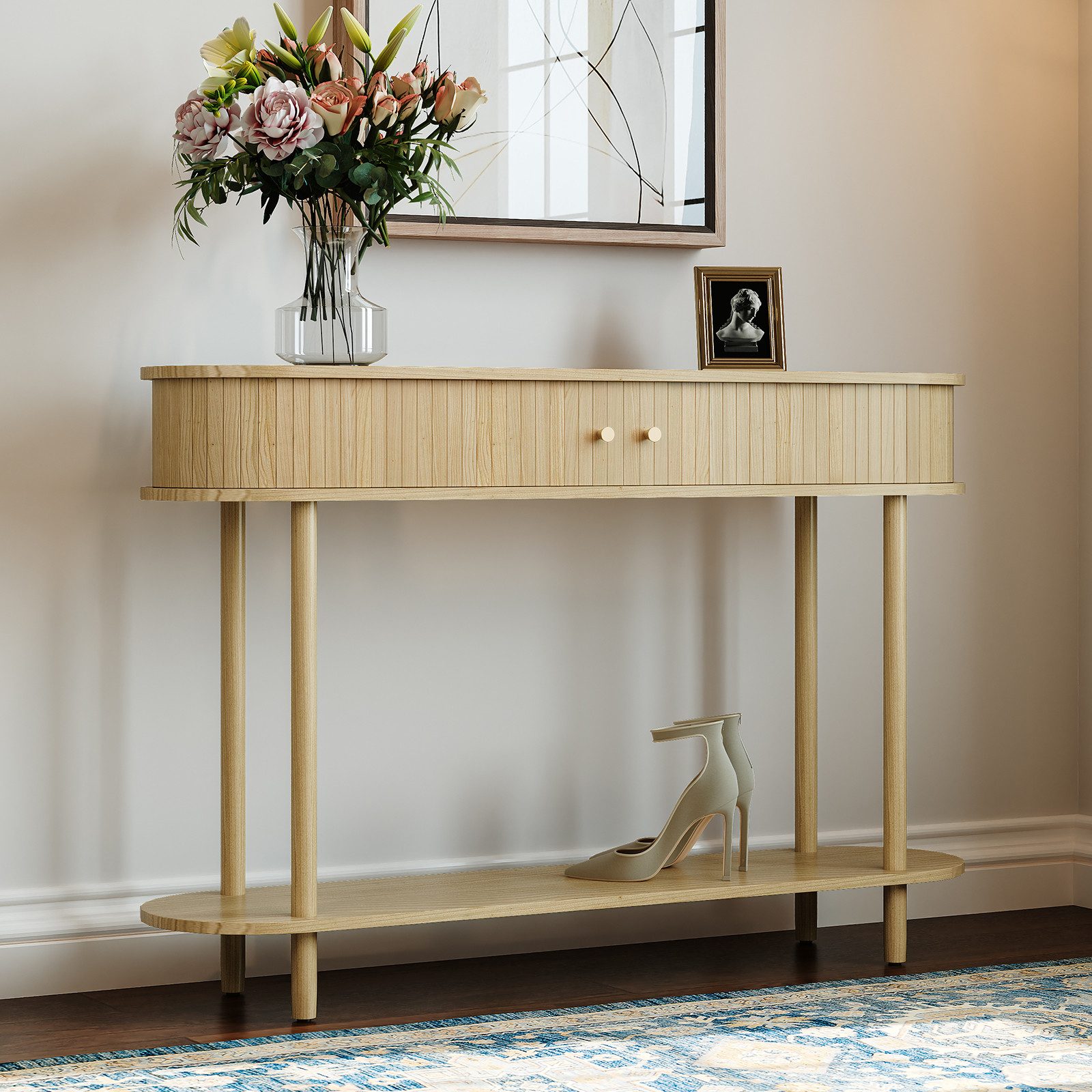 HOLTICO Konsolentisch mit Schiebetüren & Stauraumschrank, Schmaler Sofatisch, Eingangstisch (1-St), Sideboard-Tisch für Wohnzimmer, Flur, Schlafzimmer