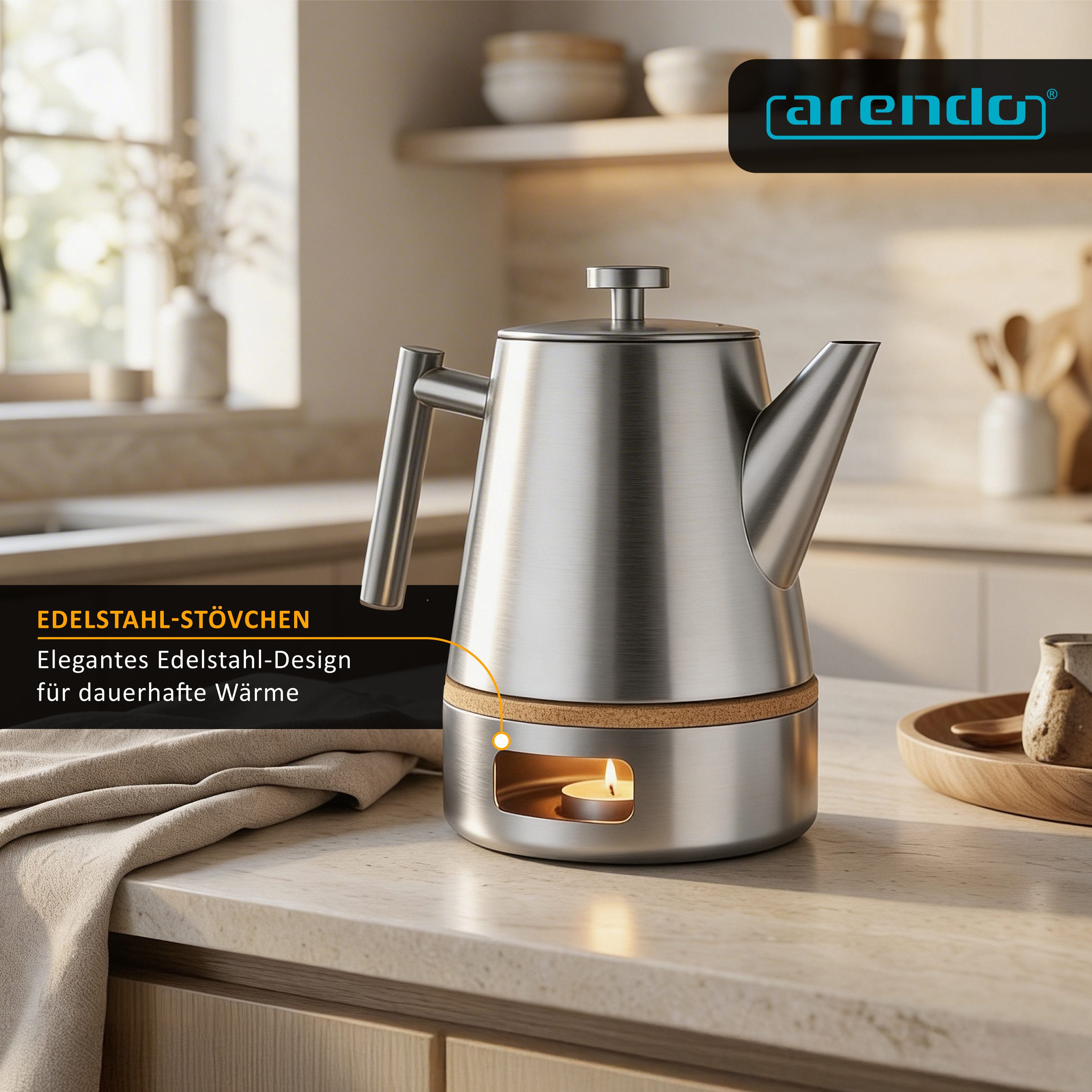 Arendo Teekanne Edelstahl Isolierkanne mit Stövchen & Siebeinsatz, 1000ml, Metallgriff, 1 l, (Set, 3-St., Stövchen, Teesieb), Doppelwandige Thermo Isolierung, K – Bild 5 von 5
