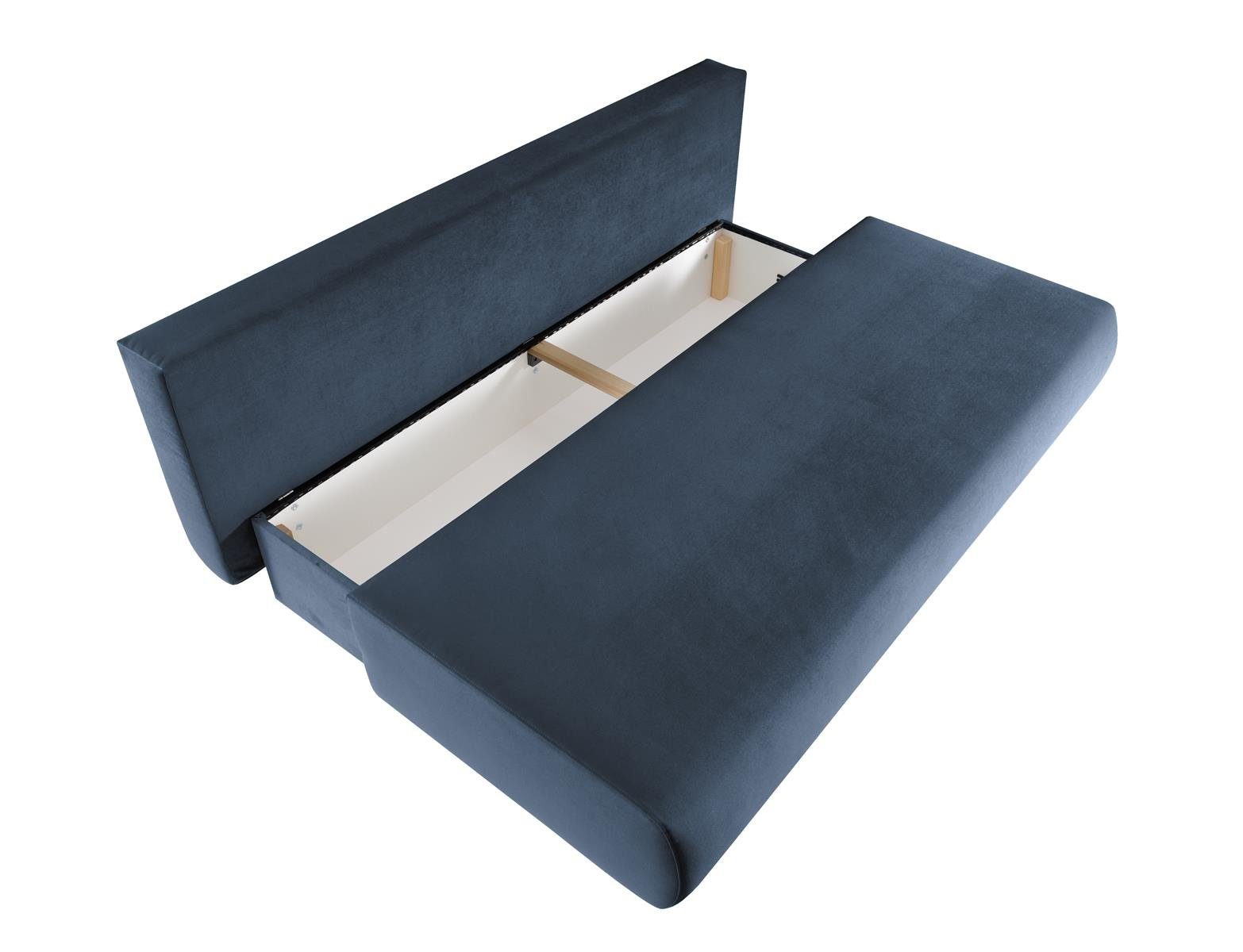 (mono Velours, Wolly, modernes Polstersofa im x 140 Sofa Bettkasten,Holzbeine, Liegefläche mit Wohnzimmer, für 200 242) Stil Blau cm, Beautysofa Schlafsofa aus