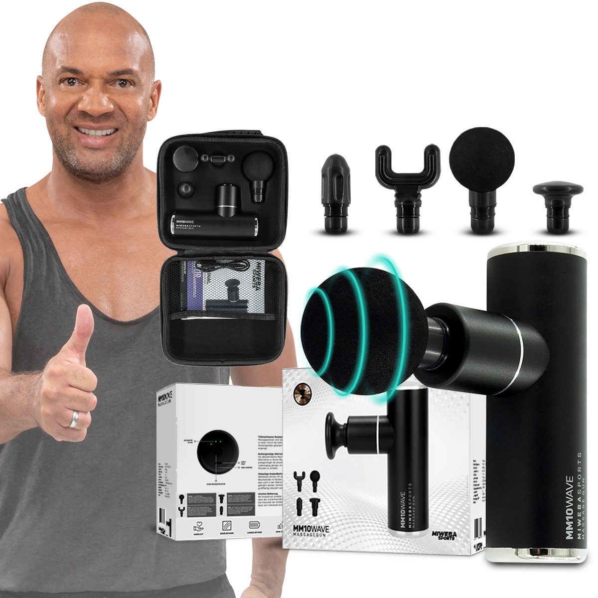 Miweba Sports Massagepistole Profi Massage Pistole MM10 inkl. 4 Massageköpfen & Transportkoffer, Massage Gun für Rücken, Nacken, Schulter, Bein Schmerzlinderung, Handmassagegerät 7-tlg., 4 Aufsätze, 4 Stufen, Softstart, 2500 mAh, bürstenloser Motor, Mini Fitnessgerät Massagegerät Massage Gun elektrisch