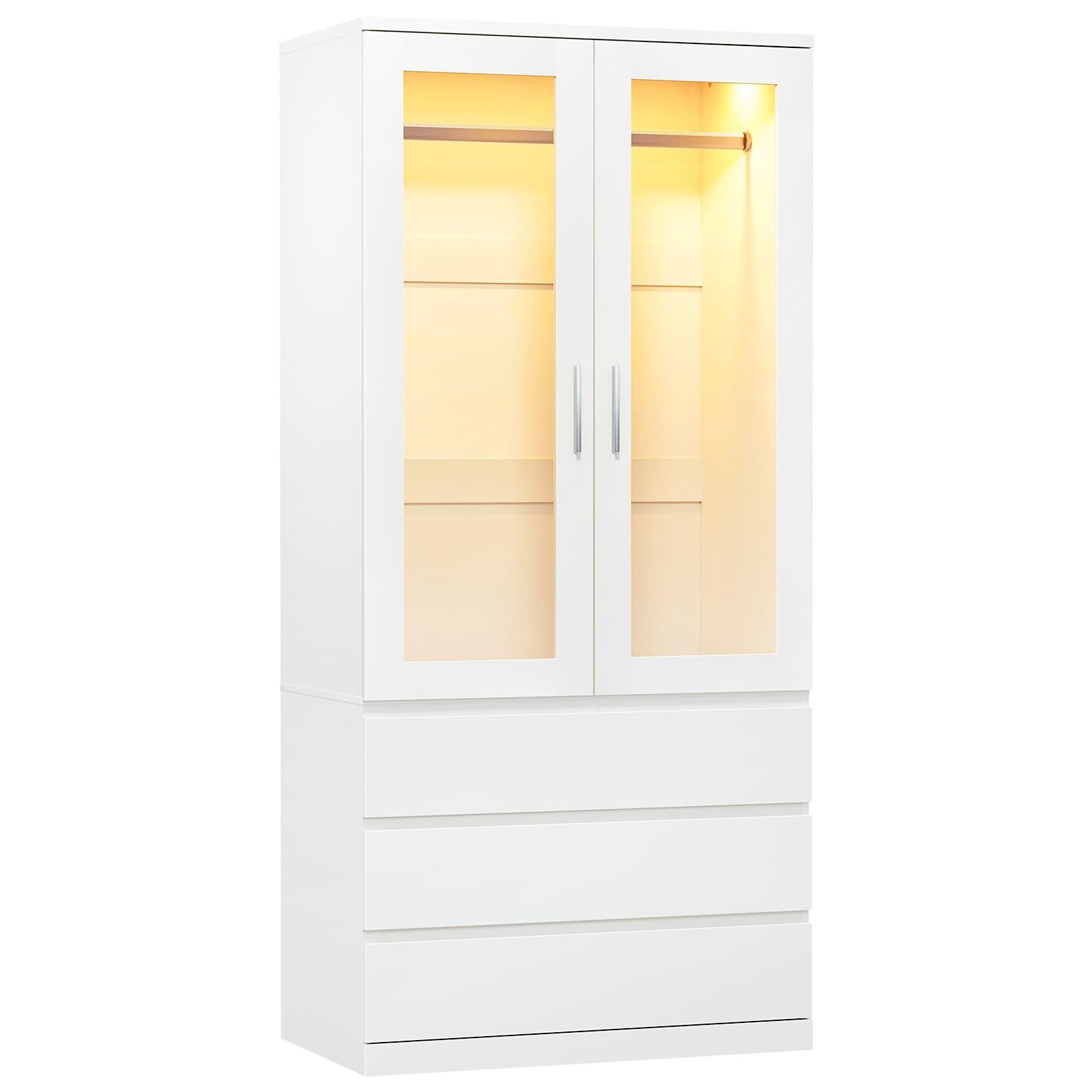 Dripex Kleiderschrank Kleiderschrank Weiß Acrylfront 3 Schubladen, kompakt H180xB40xT48cm