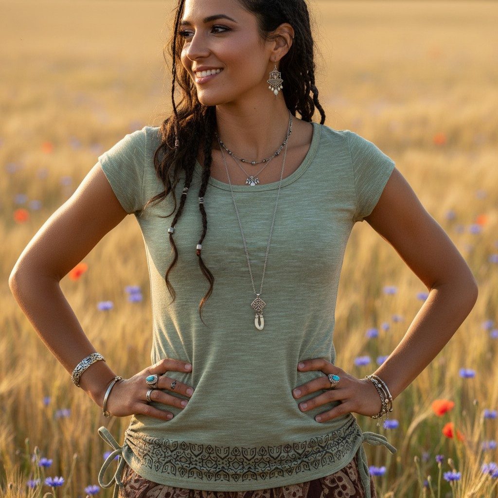 Guru-Shop T-Shirt Yoga T-Shirt aus Bio-Baumwolle - helles olivgrün Festival günstig online kaufen