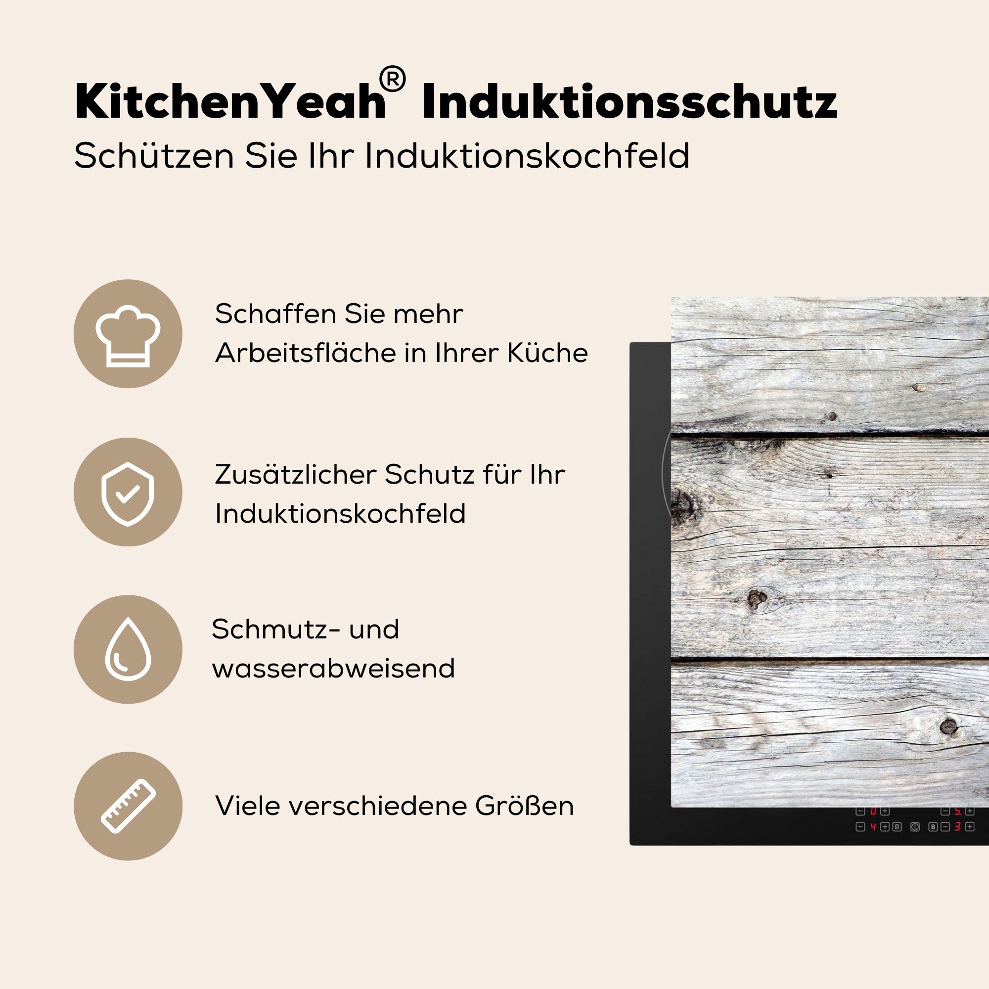 Vinyl, für küche, Ceranfeldabdeckung Schutz tlg), - Regale, Induktionskochfeld MuchoWow cm, (1 - Weiß 81x52 Holz die Herdblende-/Abdeckplatte