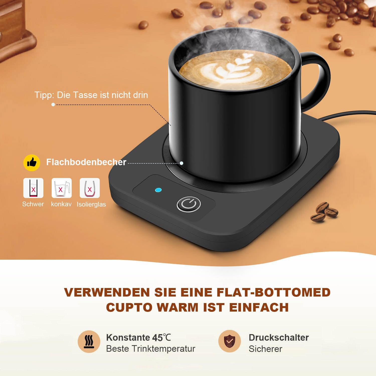 Coonoor Tassenwärmer USB Becherwärmer für Kaffee, 45°C Smarter Schreibtisch Becherwärmer, für Schreibtisch, Teewärmer, Milchwärmer, Heizfunktion für Kaffee