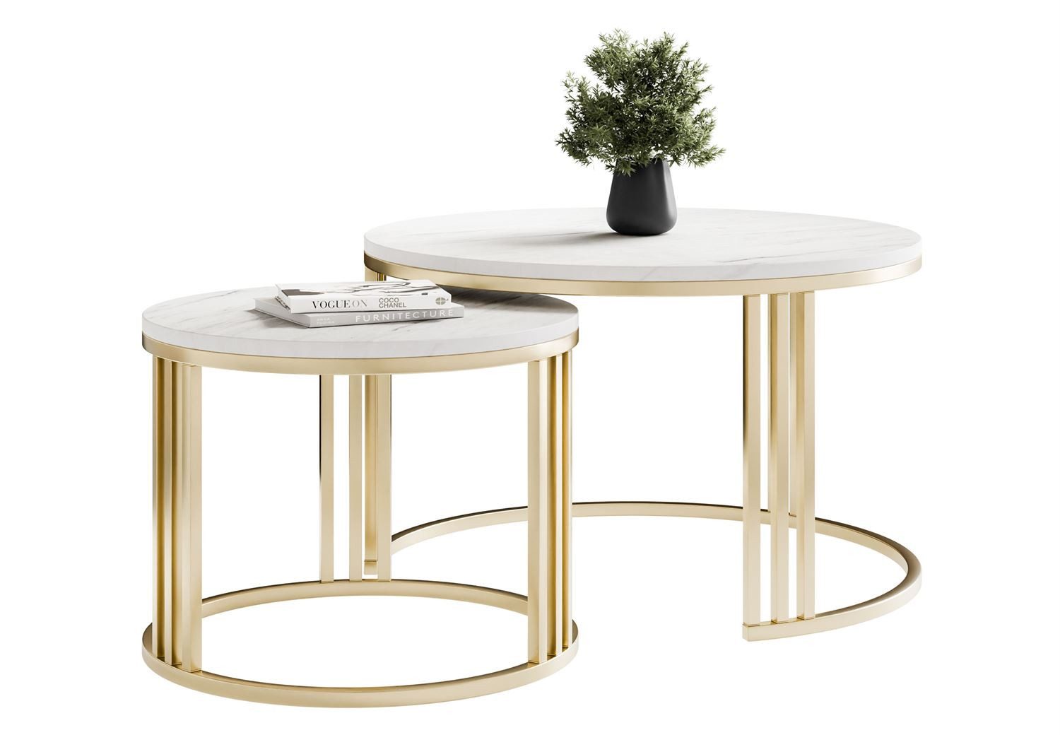Lookway Couchtisch LORI 2in1 MATT auf einem gebürsteten goldfarbenen Gestell (2er Set), Durchmesser: ⌀70 cm und ⌀50 cm, Höhe: 49 cm und 44 cm