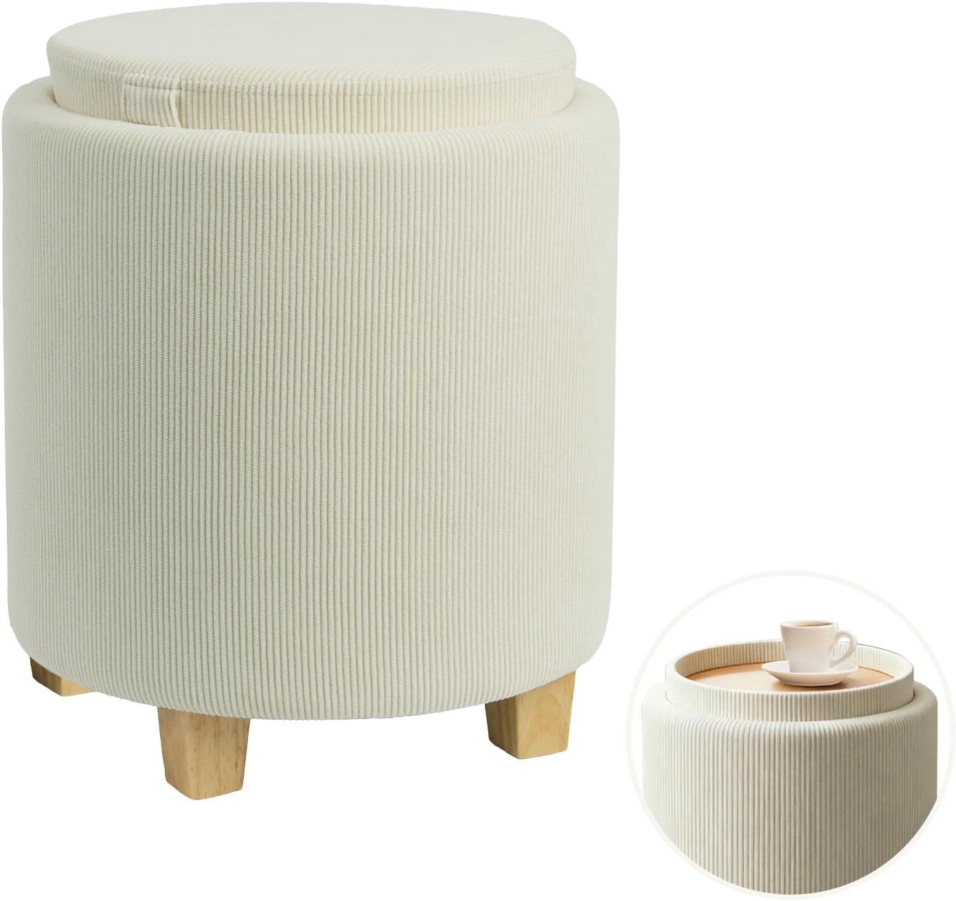 Zedelmaier Sitzhocker mit Stauraum rund Beige, Couchtisch, Sitzhocker mit Deckel, Fußhocker mit Aufbewahrungsbox, Polsterhocker mit Holzbeinen