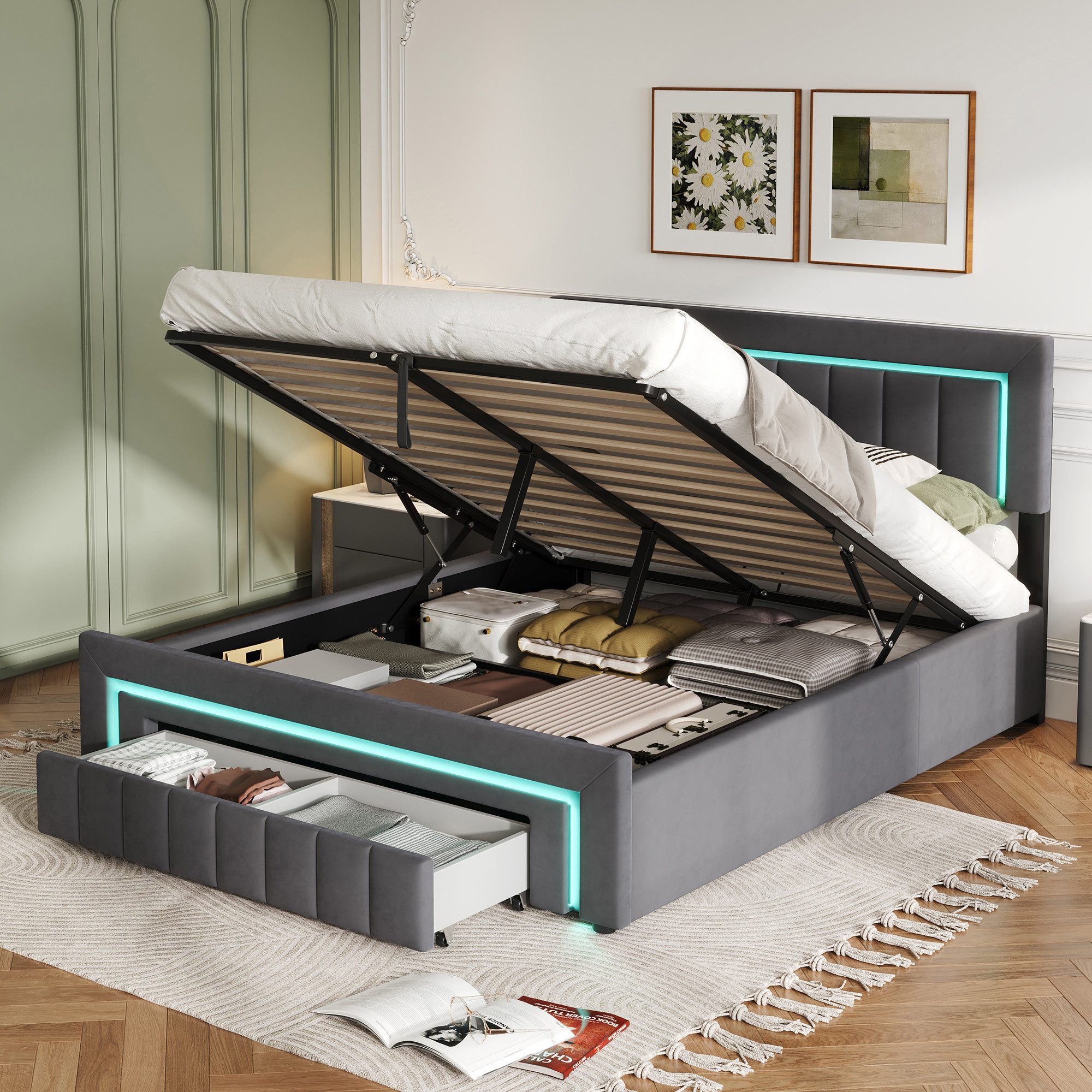 STILVORA Polsterbett 140×200 mit bettkasten,Funktionbett Boxspringbett mit LED & Schubladen (verstärkter Metallrahmen, stabiler Lattenrost, Gepolstertes Kopfteil, Bettkasten mit Hydraulik, Bettgestell mit Gepolstertes Kopfteil), mit einem Hebeseil, Samt-Stoff, Grau