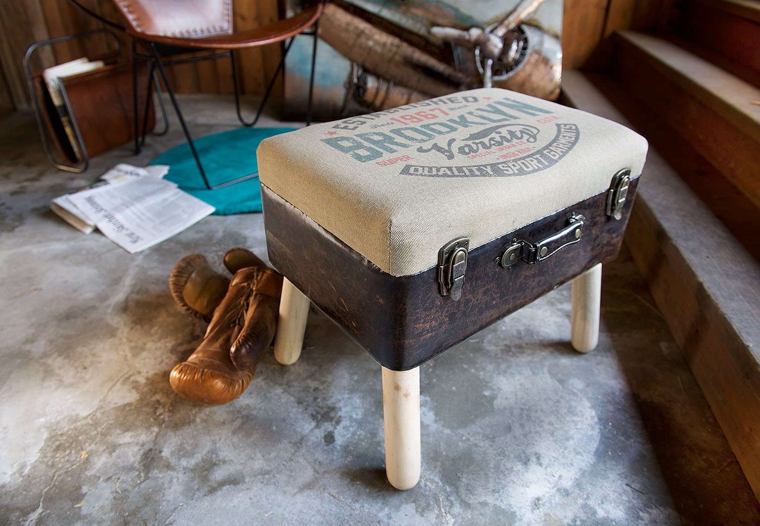 Kobolo Sitzhocker Kofferhocker Leinen Kunstleder Natur Braun H:45 cm (1 Stü günstig online kaufen