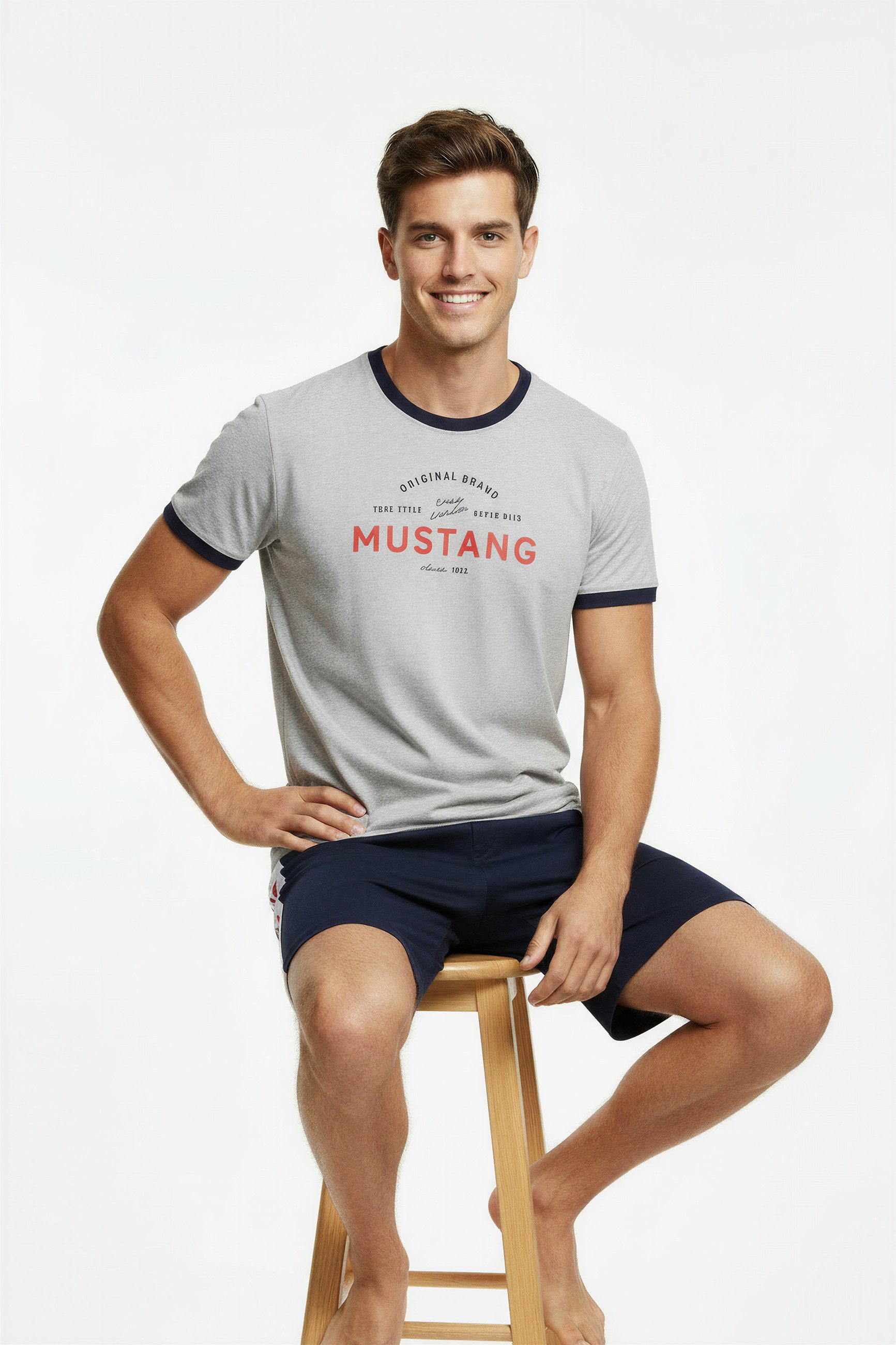 MUSTANG Schlafanzug MIKA Short-Set T-Shirt Short kurze Hose Pyjama Schlafkombi Nachtwäsche (2 tlg) Oberteil graumelange, Short navy