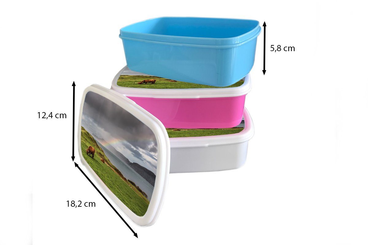 Lunchbox Schottische Erwachsene, und MuchoWow Kinder weiß Wolken, Mädchen Gras Brotbox für für - und Jungs Highlander Brotdose, - Kunststoff, (2-tlg),