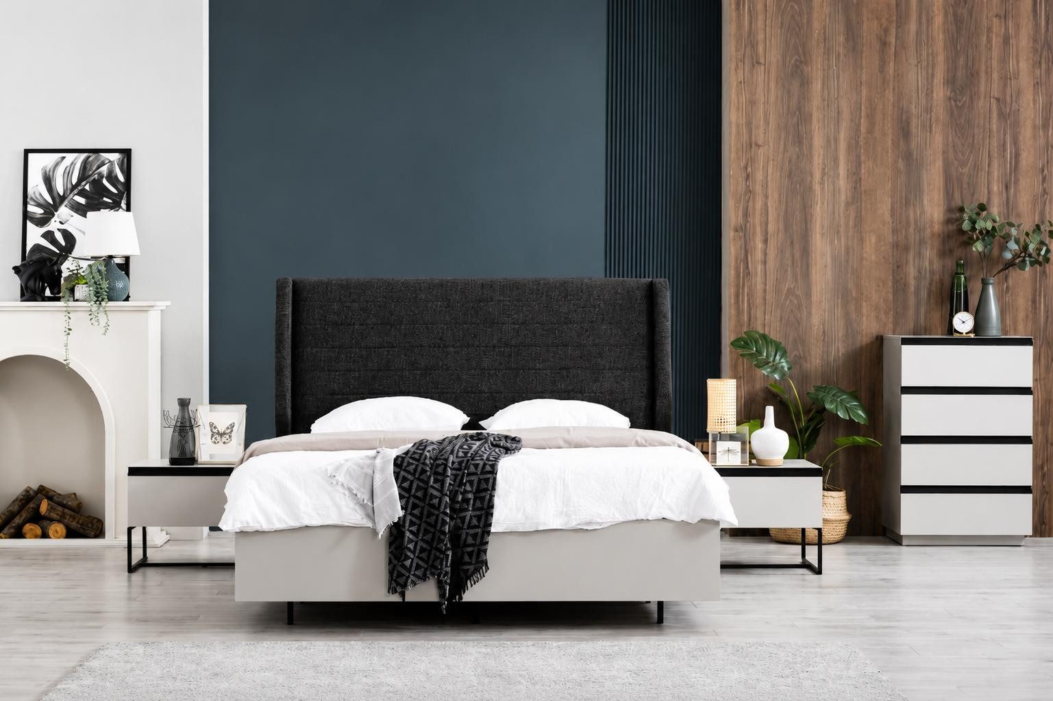 JVmoebel Schlafzimmer-Set Schlafzimmer Set mit Bett Nachttisch Kommode Spiegel und Pouf, Made in Europa
