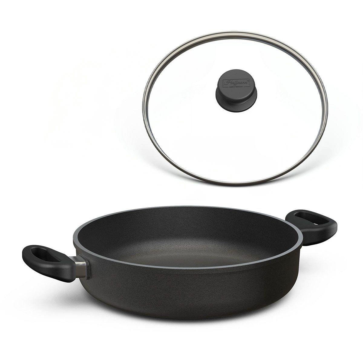 Hoffmann Germany Schmorpfanne Ø 20 cm mit Deckel, Bräter, Made in Germany, Aluguss (Set, 2-tlg., 1x Schmorpfanne Ø 20 cm + 1x Glasdeckel), Seitengriffe, Antihaft, 1,2 l, Ø 20 cm