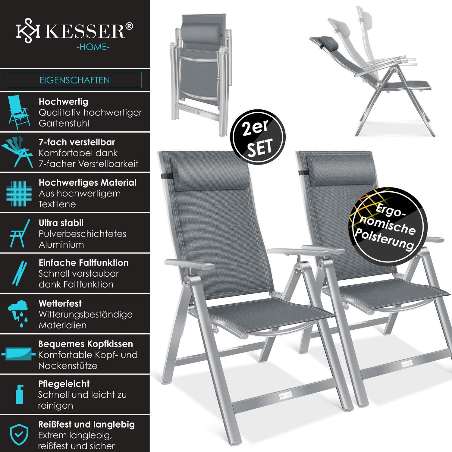 KESSER Gartenstuhl (2 St), Hochlehner mit Armlehnen Aluminium Klappstuhl günstig online kaufen