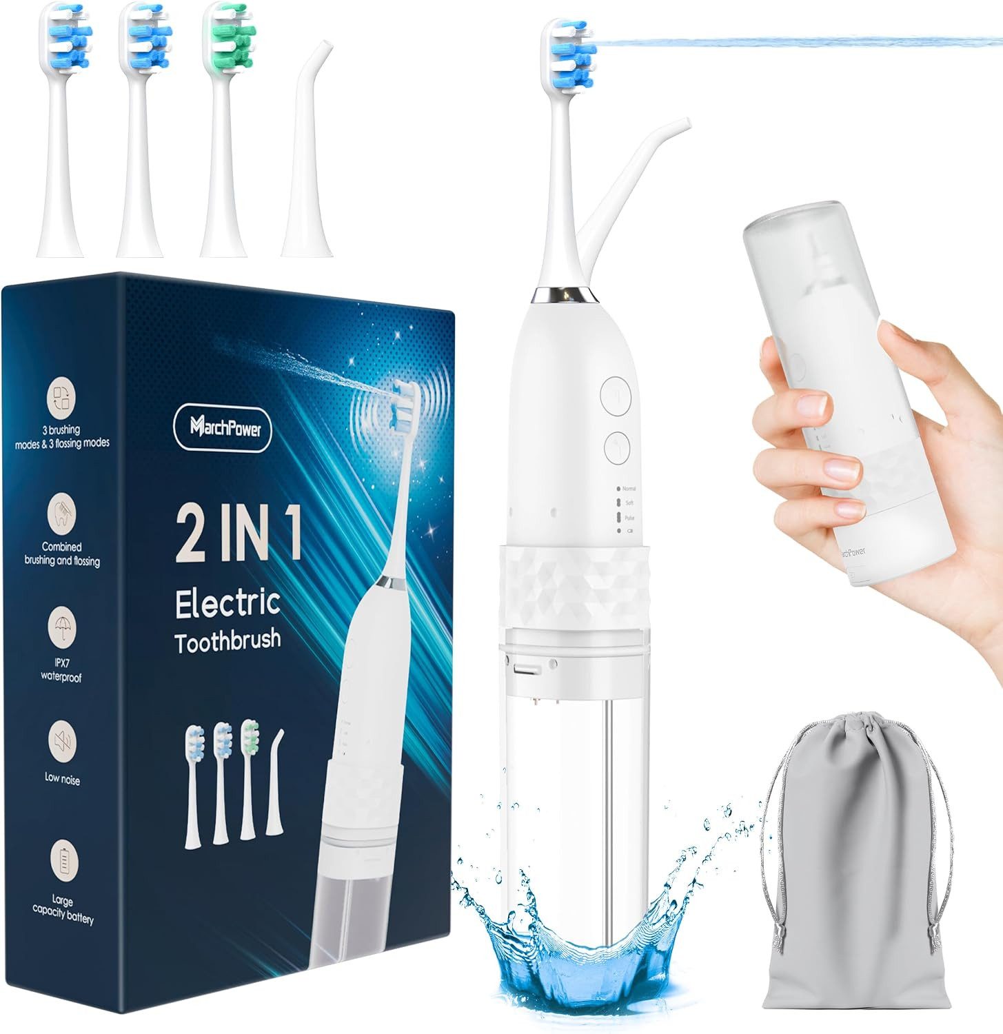 Quntis Elektrische Zahnbürste 3-in-1 Sonic Electric Zahnbürste mit Wasserflosser 46° Sweep-Vibration, 3x4 Modi, 3 Bürstenköpfe & 1 Düse, Kabellos für Reisen & Zuhause, Weiß