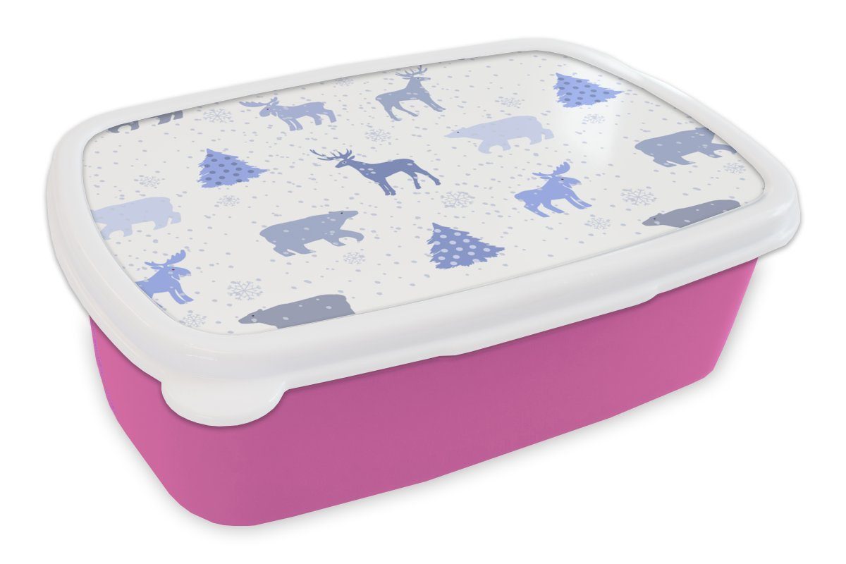 MuchoWow Lunchbox Hirsche - Muster - Schnee, Kunststoff, (2-tlg), Brotbox für Erwachsene, Brotdose Kinder, Snackbox, Mädchen, Kunststoff rosa