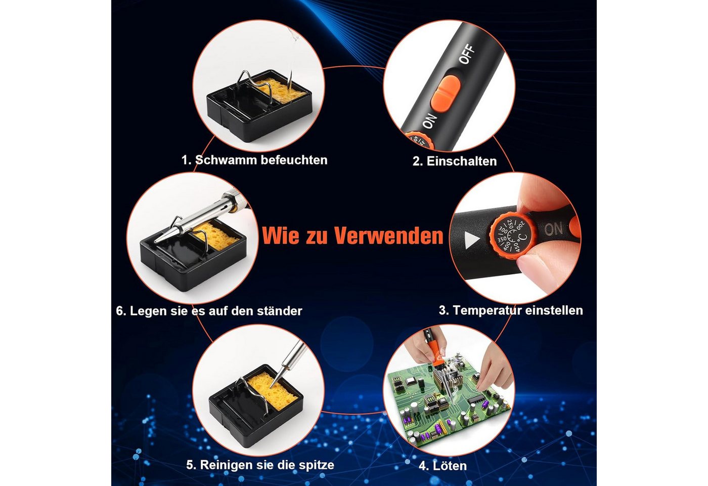 Thumbnail - Diyarts Lötkolben, max. 480 °C, max. 90 W, Netzbetrieb (220–240 V), Komplettset, Lötkolben, 5 Spitzen, Draht, Paste, Pin...