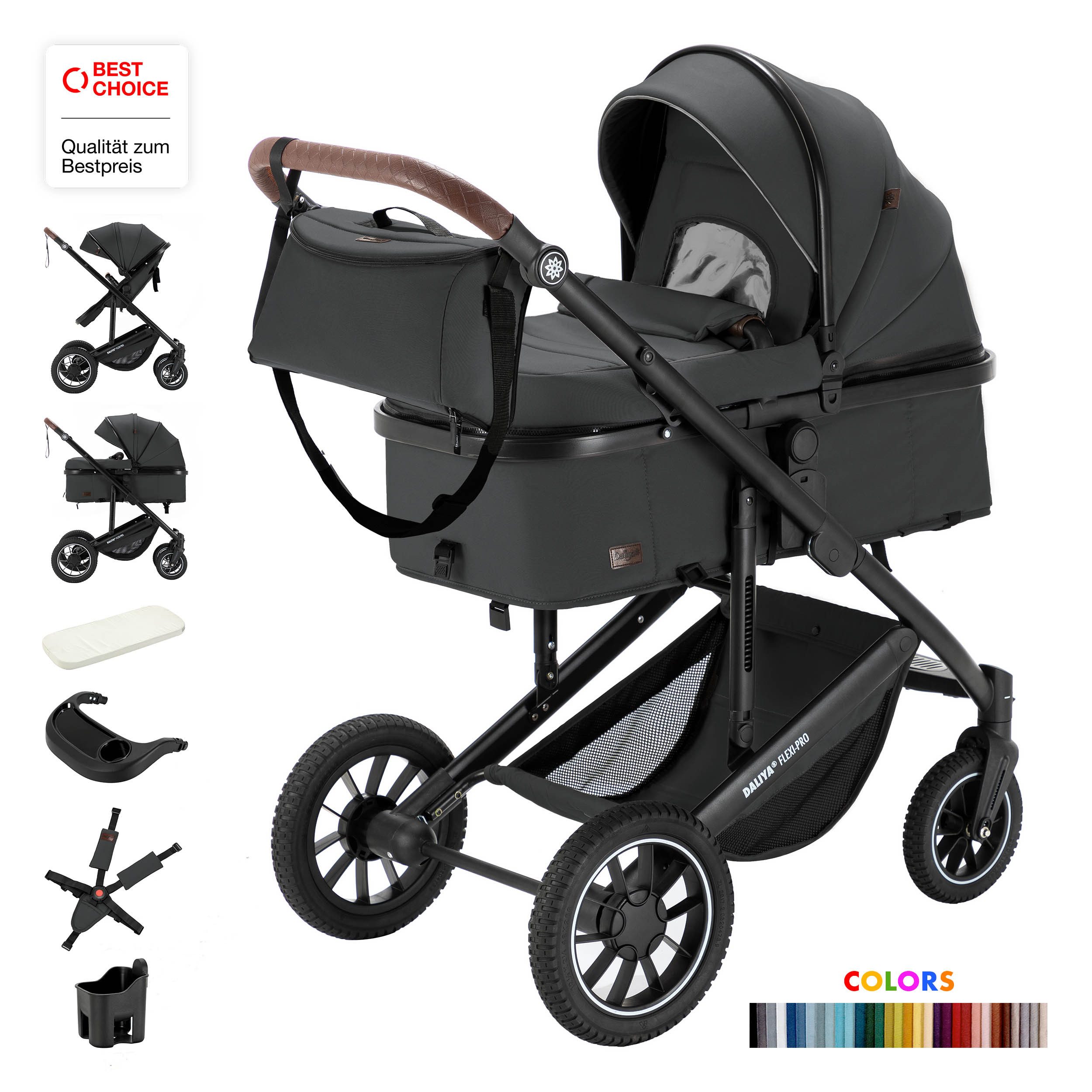 Daliya® Kombi-Kinderwagen FLEXI-PRO M 2in1 Kinderwagen & Buggy, Reisekinderwagen, XXL Set, (10-tlg), Einhändig abnehmbare Wanne, Alu-Rahmen, Gummireifen, Gurte, UV 50+