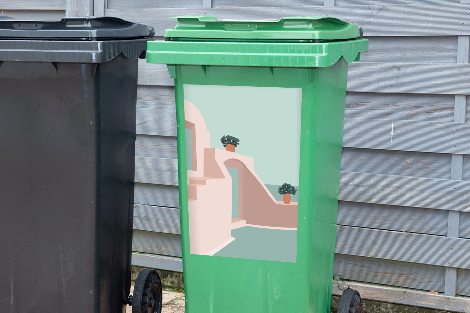 Abfalbehälter Mülltonne, - Haus Pastell St), Mülleimer-aufkleber, Wandsticker Sommer - Sticker, MuchoWow (1 Container,