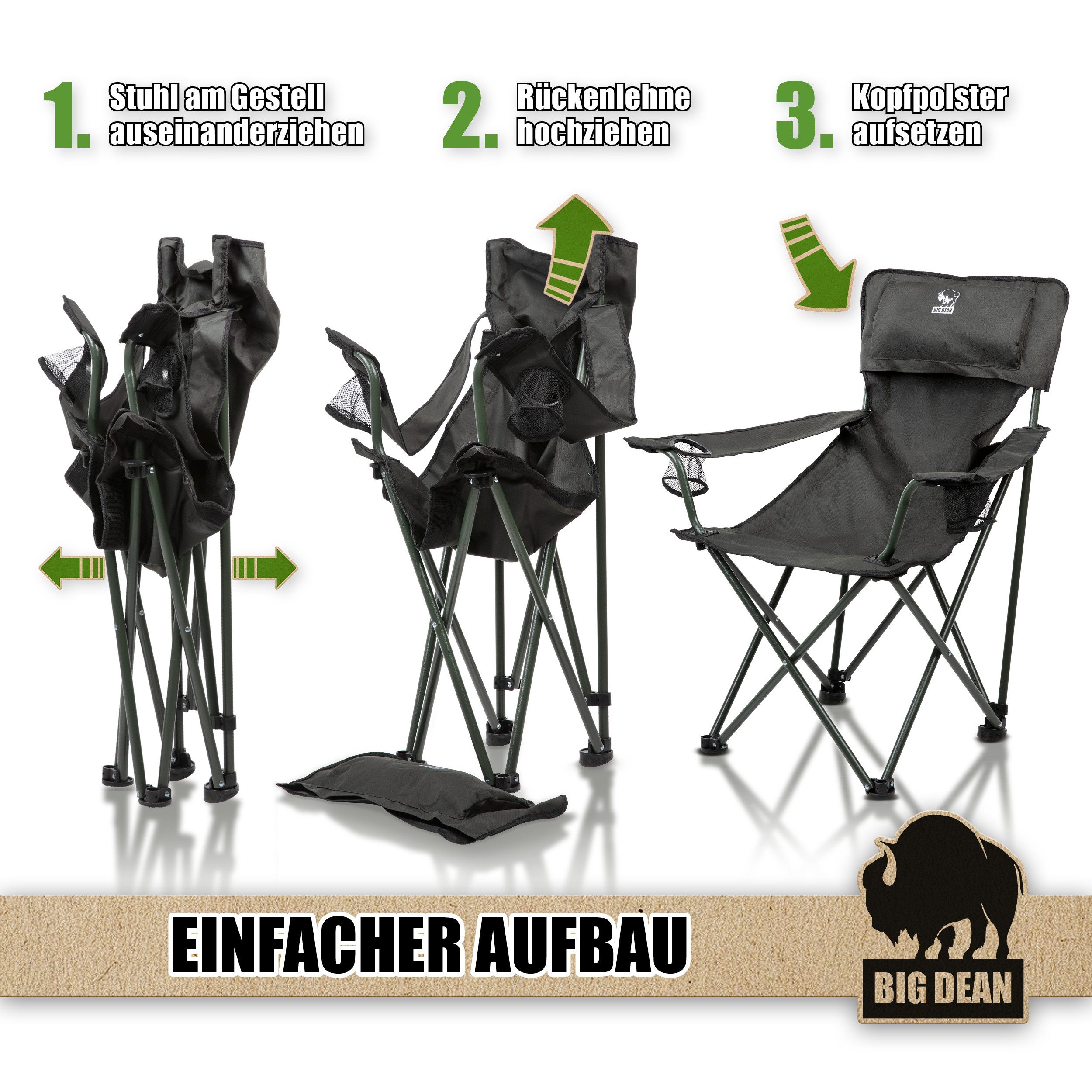BigDean Campingstuhl Luxus Campingstuhl Faltbar Extra groß 150 KG Belastbar, bequem (Packung, 1 St), Luxus Faltstuhl, Wasserabweisend, Uv-Beständig – Bild 3 von 5