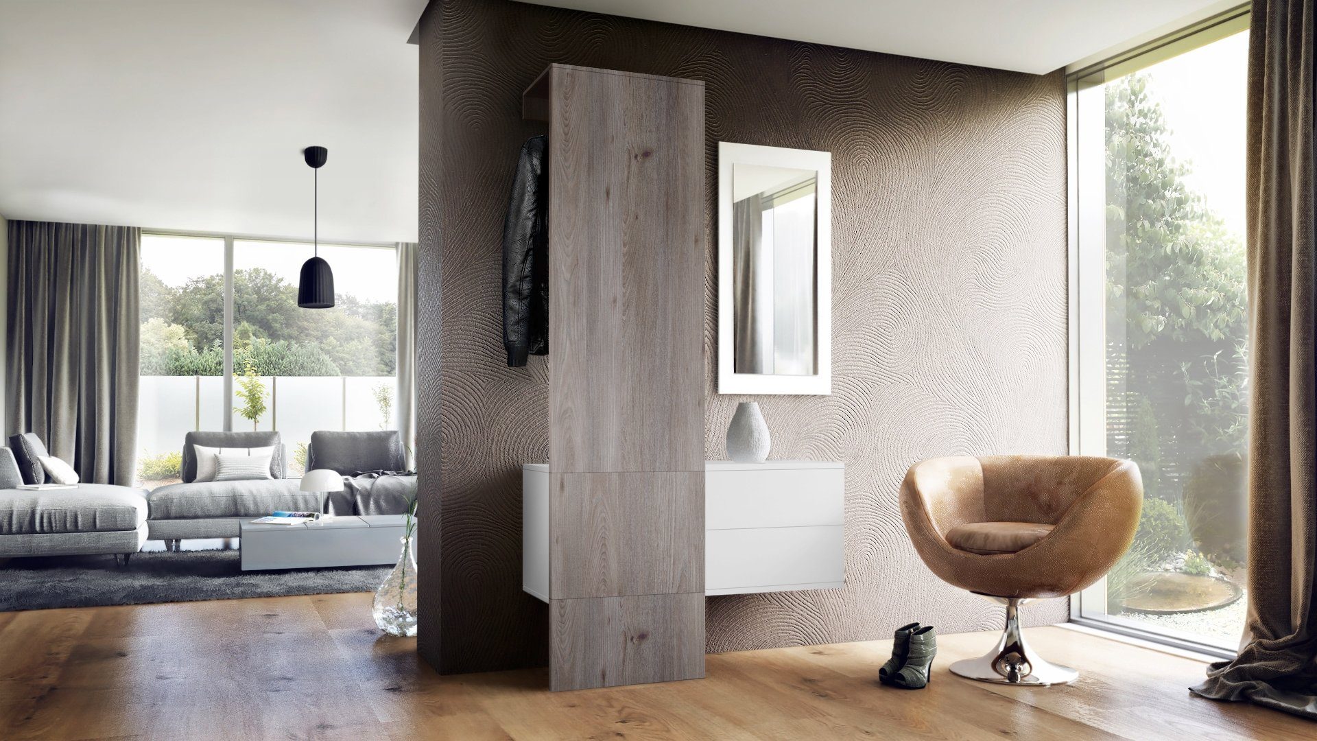 Vladon Garderoben-Set Carlton Set 2, (Wandgarderobe bestehend aus, ​ 1 Paneel, 1 Schubkastenschrank und 1 Wandspiegel), Weiß matt/Eiche Nordic (105 x 193 x 35 cm)
