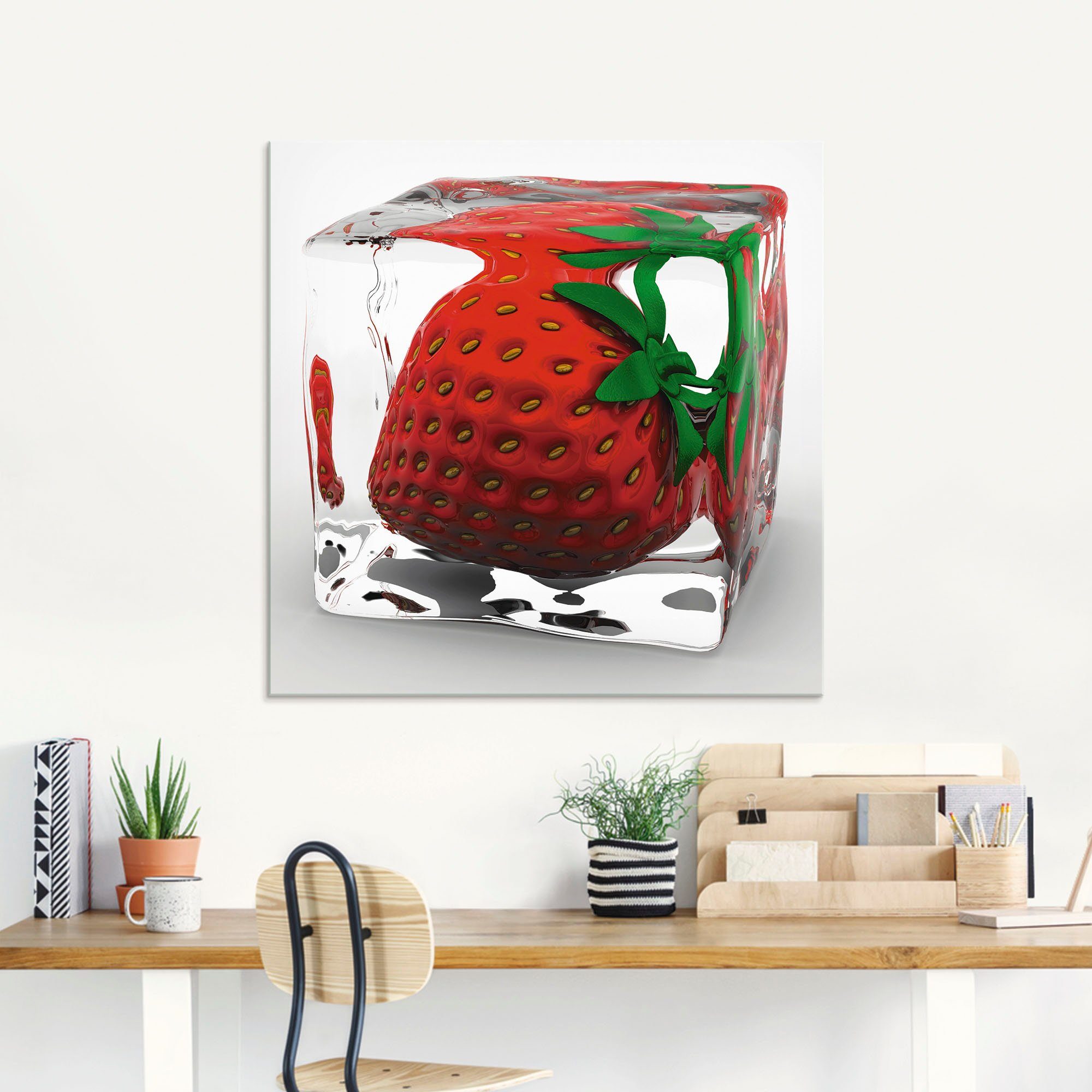 Artland Glasbild Erdbeere in Eis, Lebensmittel (1 St), in verschiedenen Größen