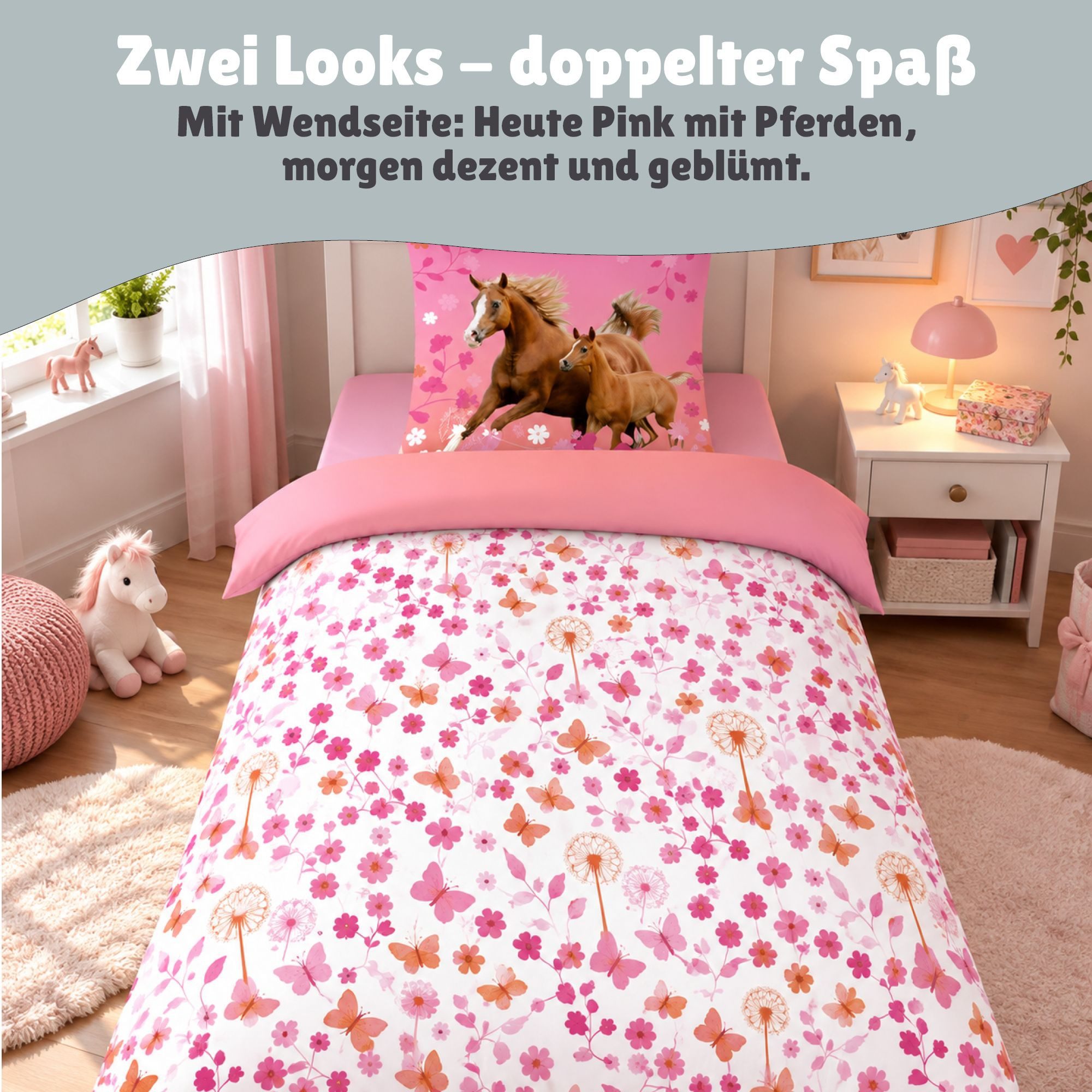 Familando Kinderbettwäsche Pferde 135x200 80x80 cm Mädchen Bettwäsche Rosa Horse Floral, Renforcé, 2 teilig, 100% Baumwolle, mit geblümter Wendeseite – Bild 4 von 5