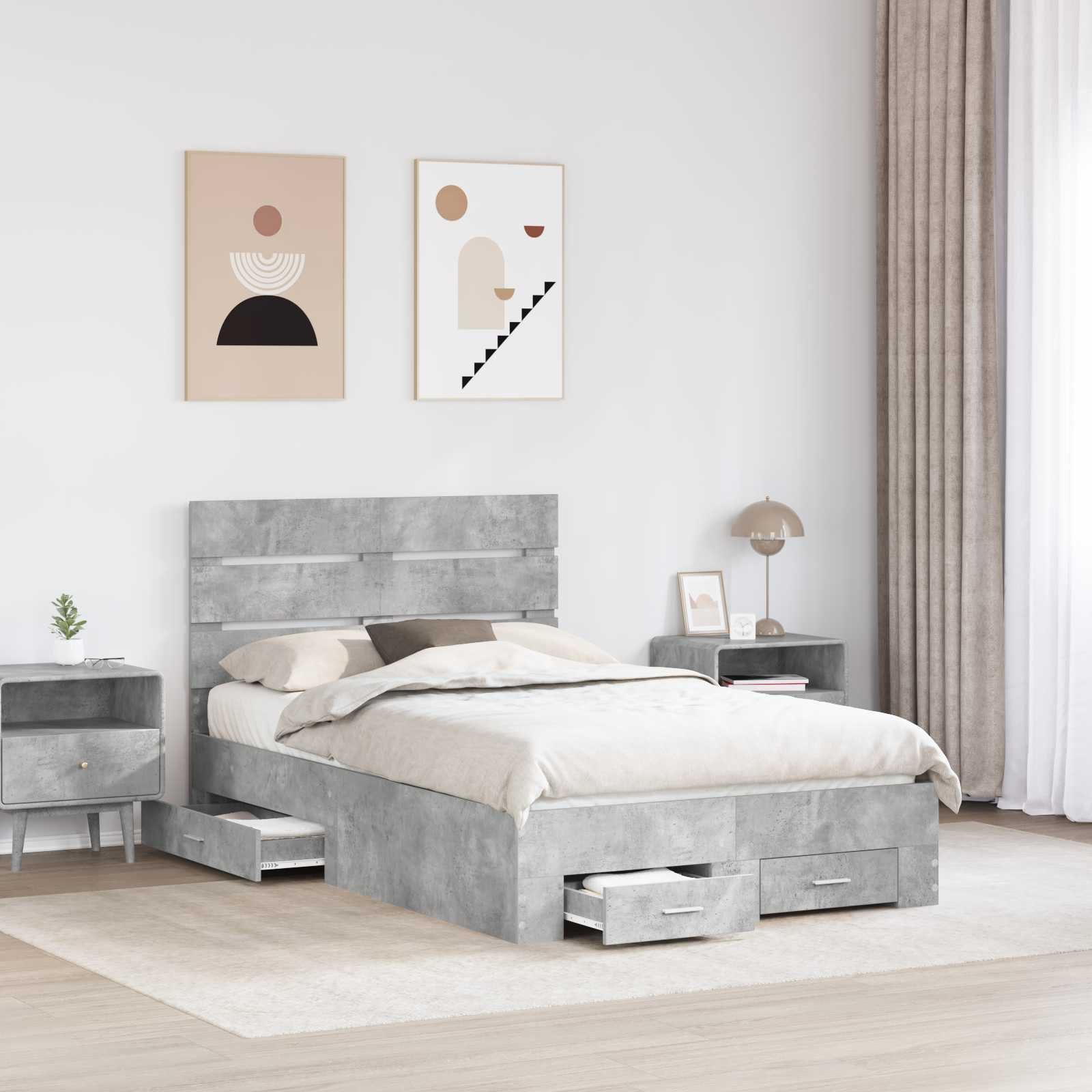 furnicato Stauraumbett Bettrahmen mit Schubladen 135 x 190 cm Beton Grau (1-tlg), Stauraumbett mit integrierten Schubladen für dein Schlafzimmer