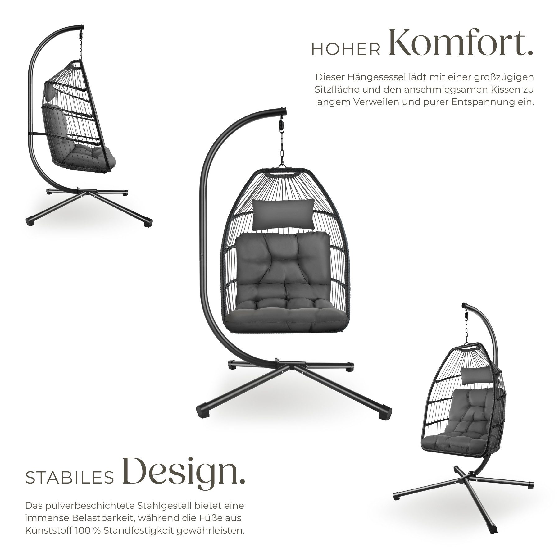 tectake Hängesessel Korbsessel Inkl. Schutzhülle, Belastbarkeit 160 kg, 98 x 107 x 202 (Hängekorb mit Gestell Ariane, für Indoor und Outdoor in dunkelgrau), mit dickem Sitz- und Kopfkissen, stabil, bodenschonend und faltbar