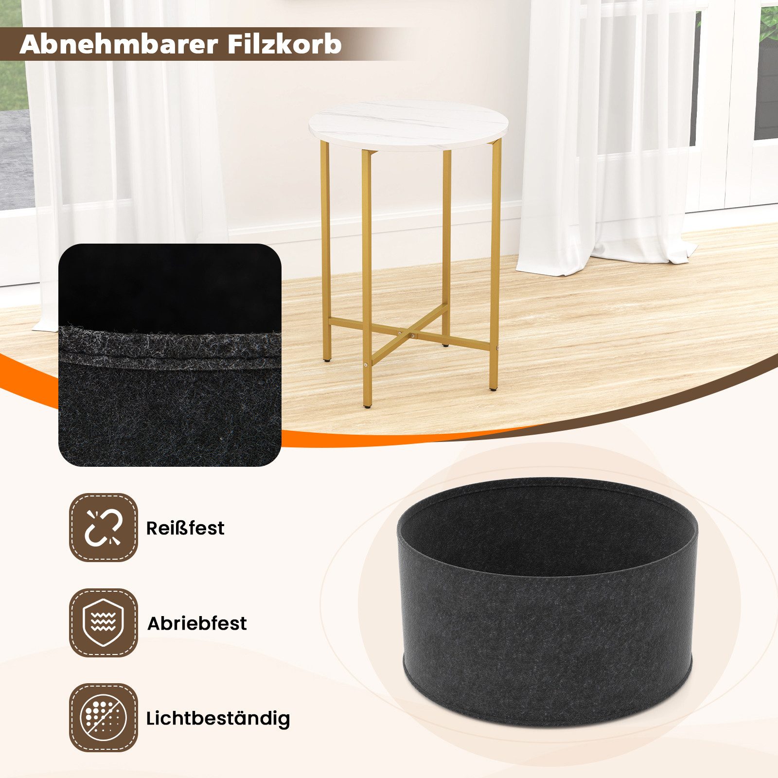 COSTWAY Beistelltisch, rund, mit Stoffkorb, Marmor, 2 Ebenen Nachttisch