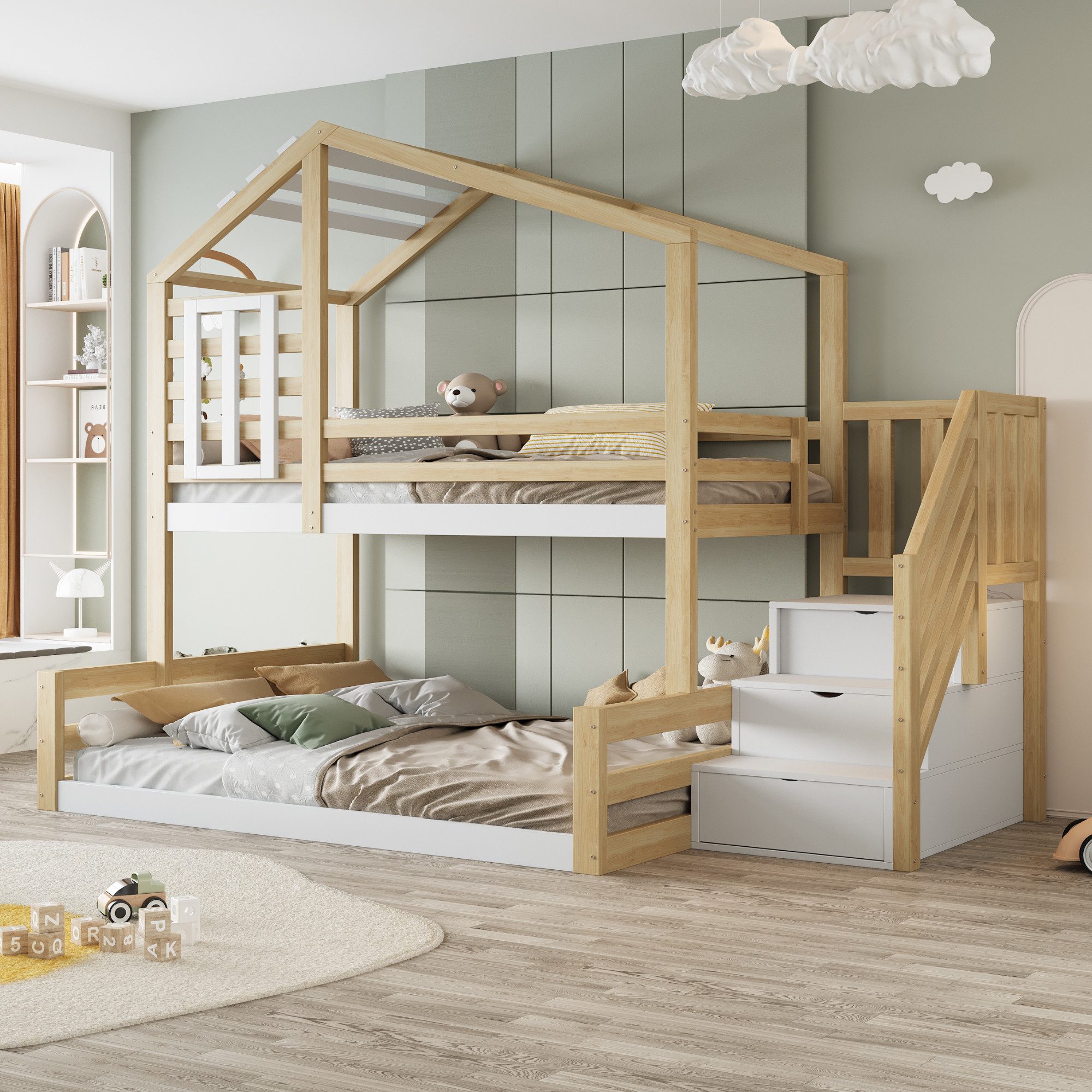 Flieks Etagenbett, Kinderbett 90x200cm+140x200cm mit Haus-Fenster-Design, Stauraumtreppe