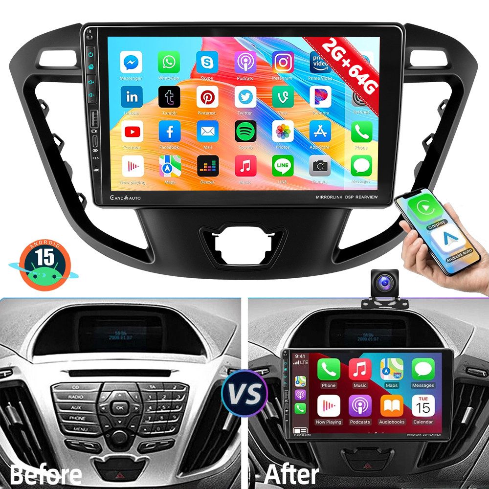 ESSGOO 64G DAB+ Android 15 Carplay Für Ford Transit Custom 2013-2021 GPS WIFI Autoradio (RDS, 4+64GB(optional), Digitalradio (DAB), FM, AM, Carplay Android Auto Bluetooth EQ USB GPS Navi WIFI Touchscreen)