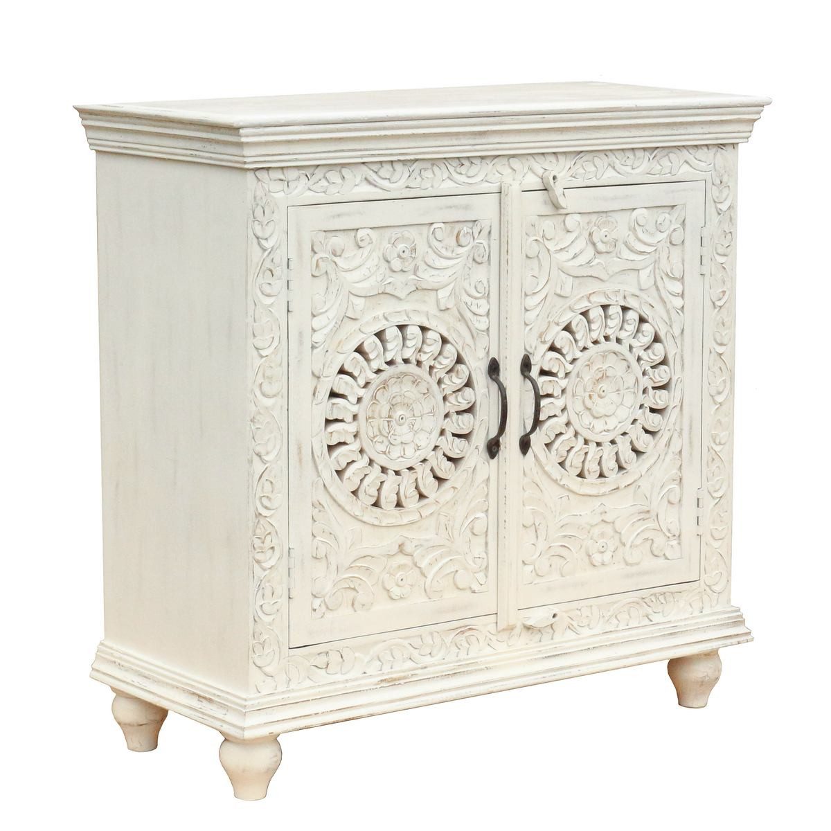 Oriental Galerie Unterschrank Weiß Whitewash Sideboard Taralea Indien 90 cm Kommode Landhausstil Weiß, Holzkommode massiv, Shabby Chic, Vintage