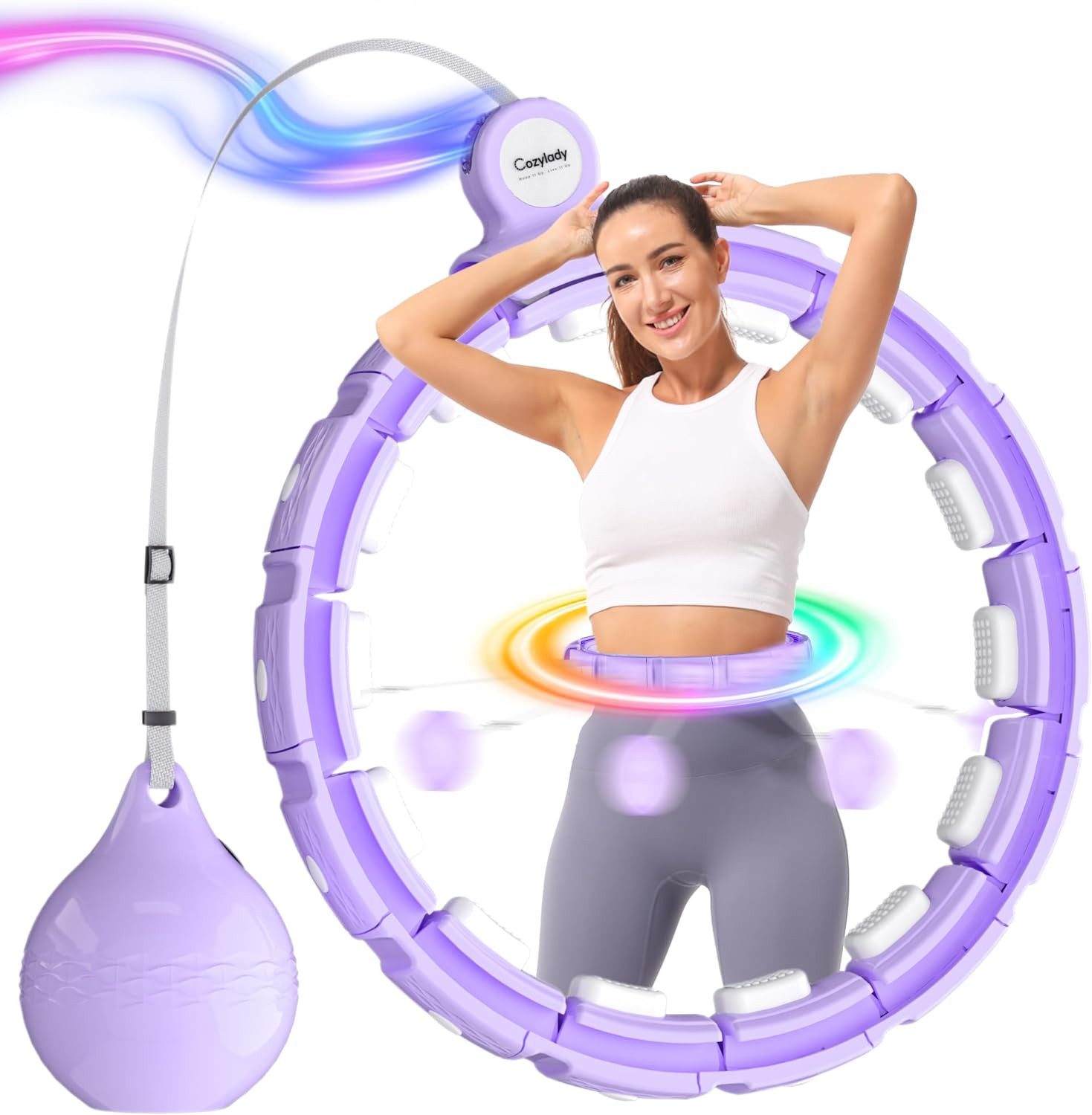 Vivitar Hula-Hoop-Reifen mit Bunten LED-Lichteffekten und Gewicht Kugel, 18 abnehmbaren Teile (Verstellbare Größe von 72cm bis 121cm Taillenumfang, Stabiler & Leiser Hoola Hoop, Bunte Lichteffekte und Wiederaufladbarkeit, Massagenoppen für entspannendes Hula Hoop Erlebnis, Mit Lichteffekten von LEDs Farbveränderung nach Drehgeschwindigkeit, Überlegene Batterielaufzeit, 18-tlg), Perfekt für effektiven Gewichtsverlust und Spaß beim Training