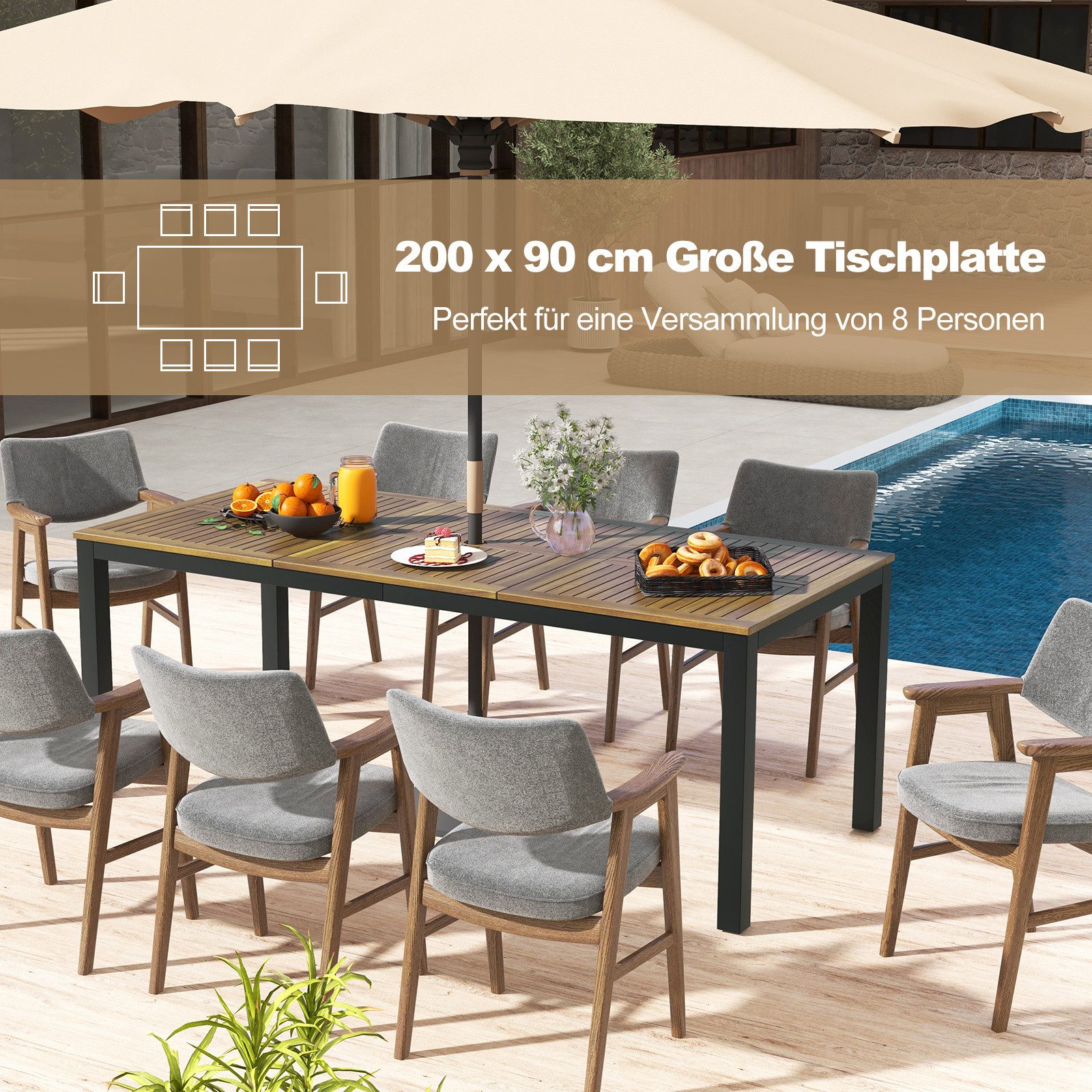 COSTWAY Gartentisch, Akazienholz Esstisch für 8 Personen, mit Schirmloch 200cm