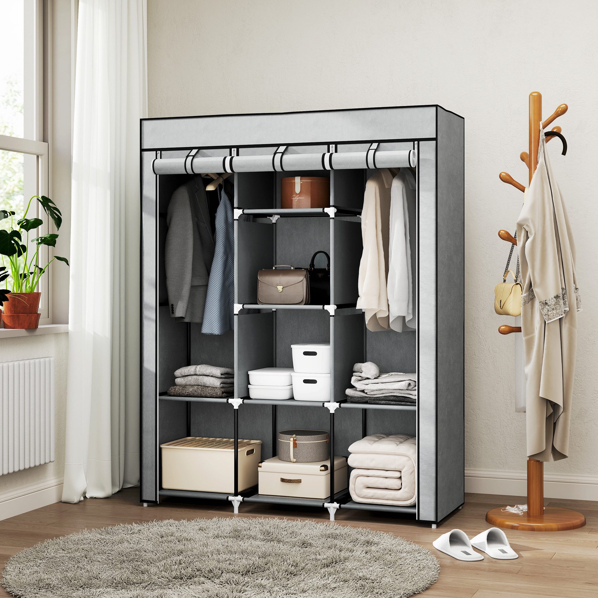 HOMCOM Stoffschrank Faltschrank für Schlafzimmer, Ankleidezimmer, 125x43x162,5cm (Kleiderschrank, 1-St., Tücherschrank) Hellgrau, 125 x 43 x 162,5 cm