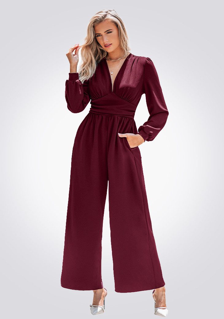 Culotte-Overall Eleganter Samt-Jumpsuit in Burgunderrot