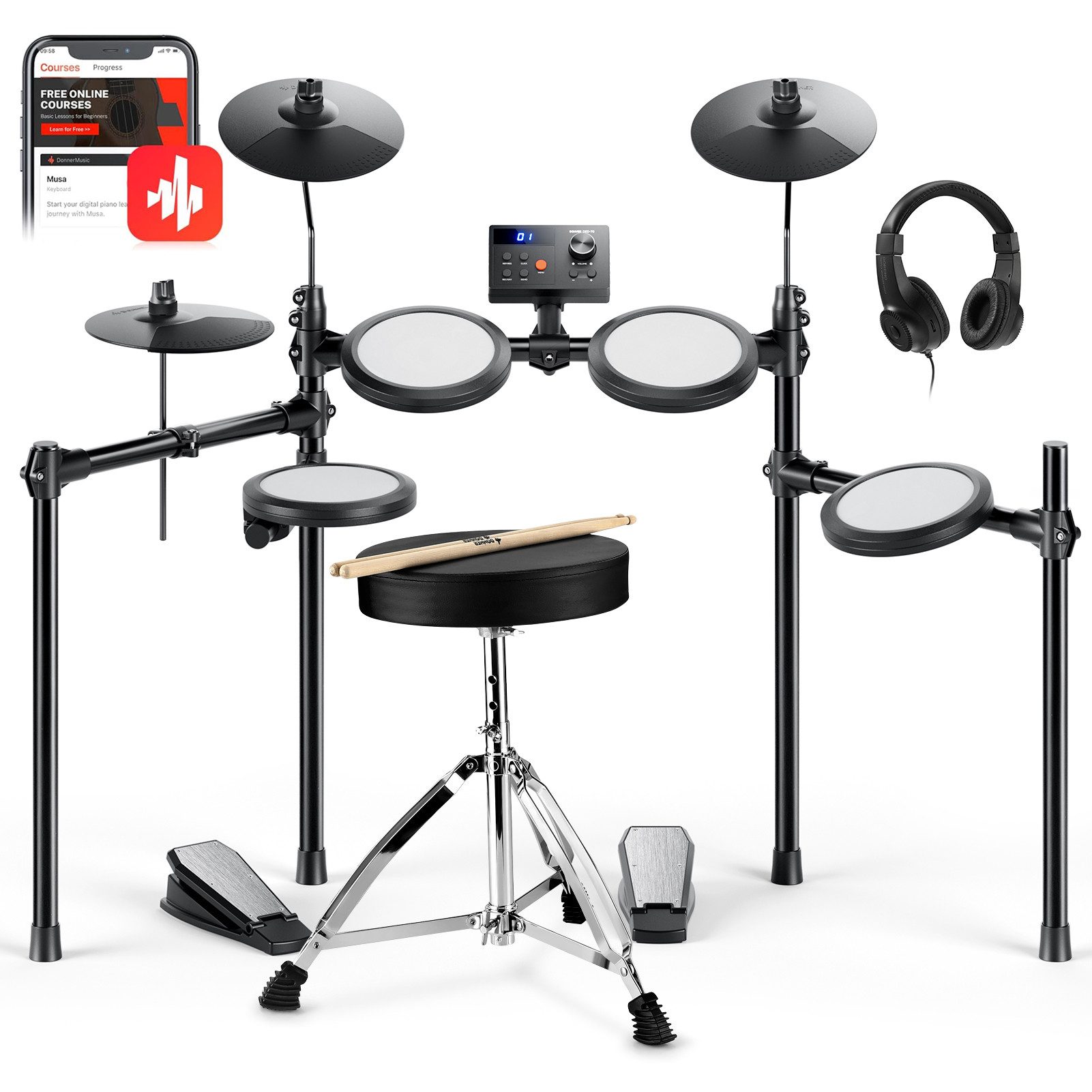 Donner E-Drum Kinder Elektronisches Schlagzeug Set Leises Mesh Pads DED-70,Komplettset, Kopfhörer Sticks Drumhocker, für Anfänger Kinder von 4-14 Jahren mit Kopfhörer 4-14