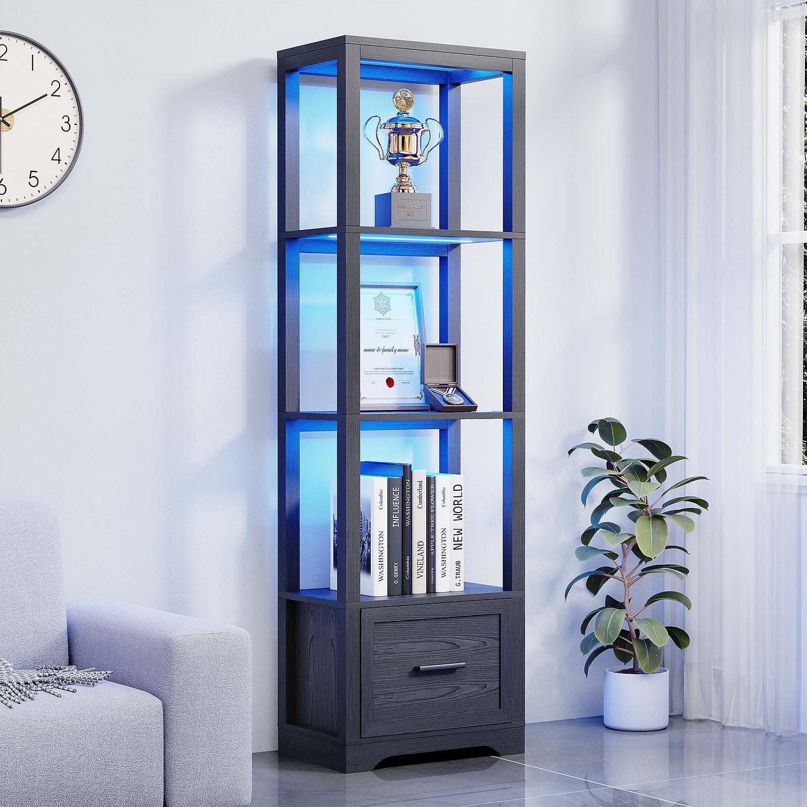 BROTTAR Standvitrine mit Schubladen, LED-Beleuchtung und Anwesenheitssensor günstig online kaufen