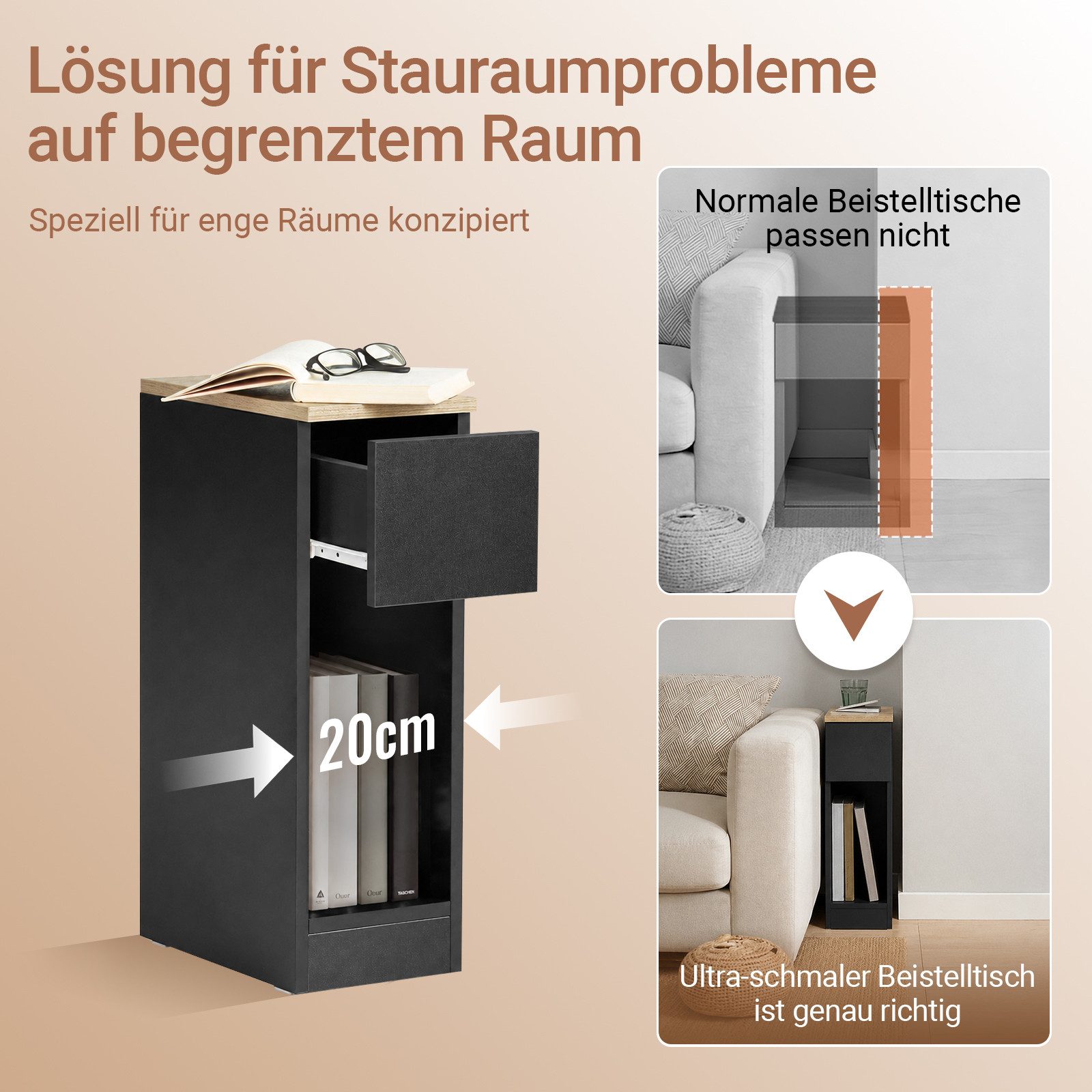 SoBuy Nachttisch FBT111, Nachtschrank kleiner Beistelltisch 20cm Breite, Nightstand, Nachttisch schmal, mit Schublade, Schlafzimmer Wohnzimmer kleine Räume