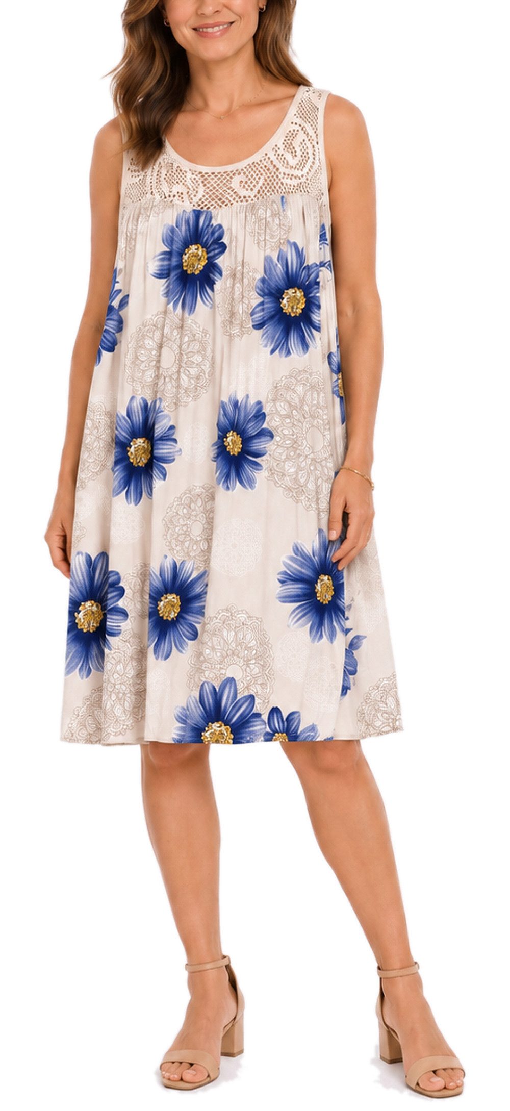 dy_mode Midikleid Damen Sommerkleid Blumenmuster Midi Kleid Strandkleid knielang Knielang, Transparente Häkel-Einsatz im Dekolleté- und Rückenbereich