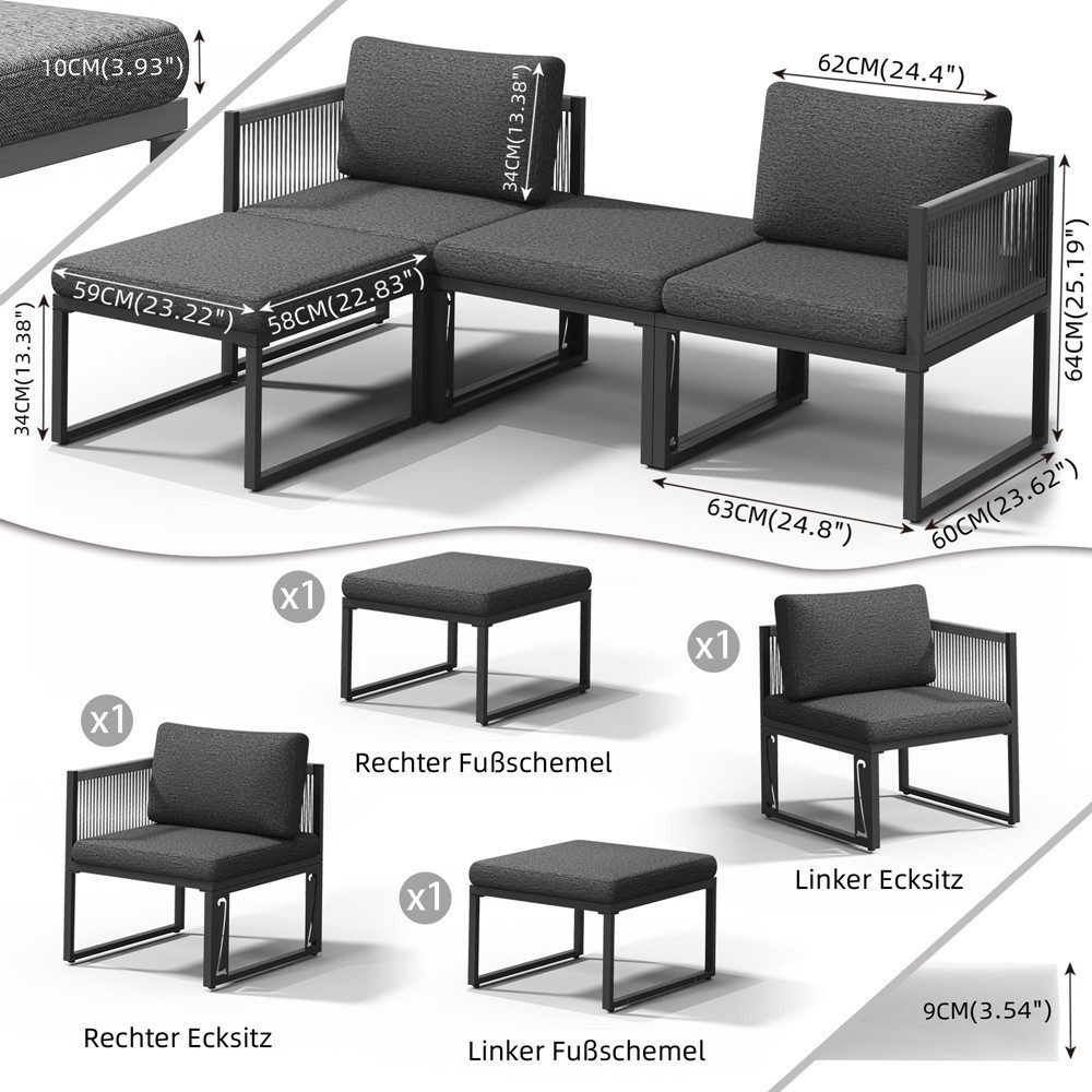 Mucola Gartenlounge-Set Aluminium Lounge-Set 4-teilig – wetterfeste Sitzgruppe mit Hocker, (Lounge-Set, 4-tlg., Lounge-Set, bestehend aus 2 Sitzelementen, Hocker und Modul), modular kombinierbar, wetterfestes Aluminiumgestell, Hocker