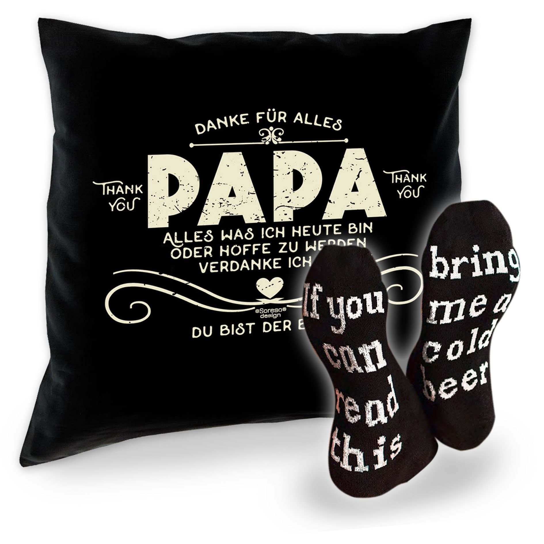 Spruch, und Geschenkidee Dekokissen für mit Bier Danke Papa Soreso® Socken Väter Kissen Geschenke schwarz