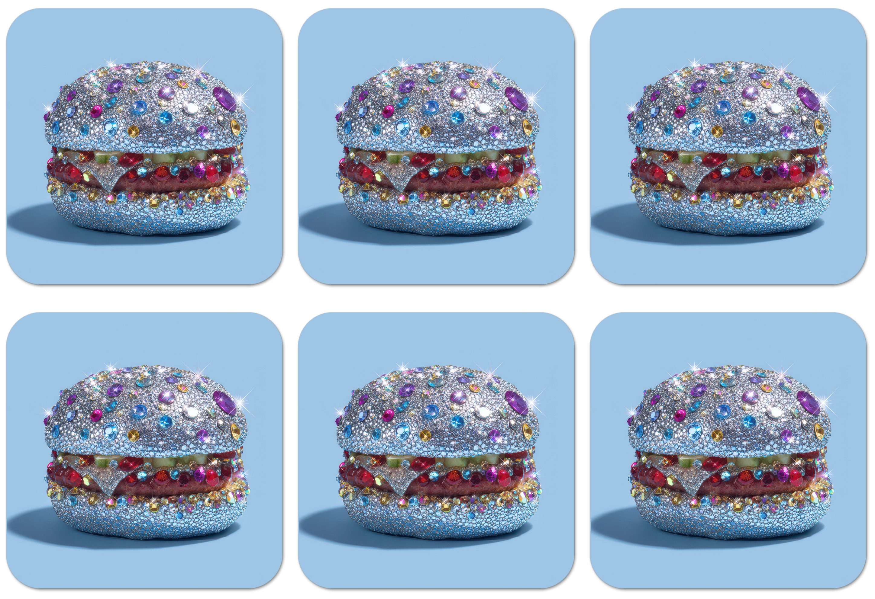 MuchoWow Glasuntersetzer Glitter - Hamburger - Blau, Zubehör für Gläser, 6-tlg., Tassenuntersetzer Kork, Quadrat, Untersetzer Set Gläser, 10x10 cm