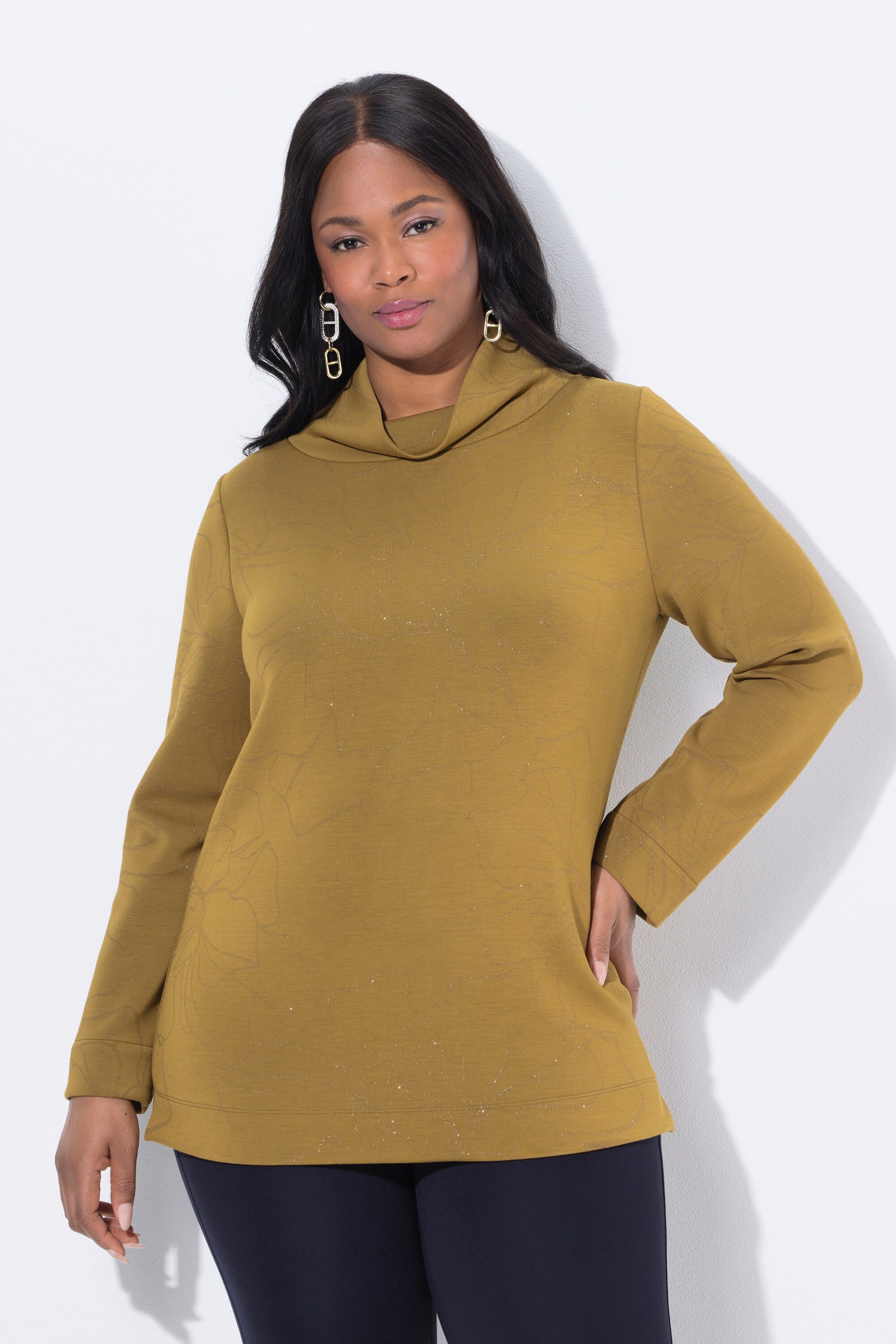 Ulla Popken Sweatshirt Sweatshirt Glitzer-Blüten Stehkragen günstig online kaufen
