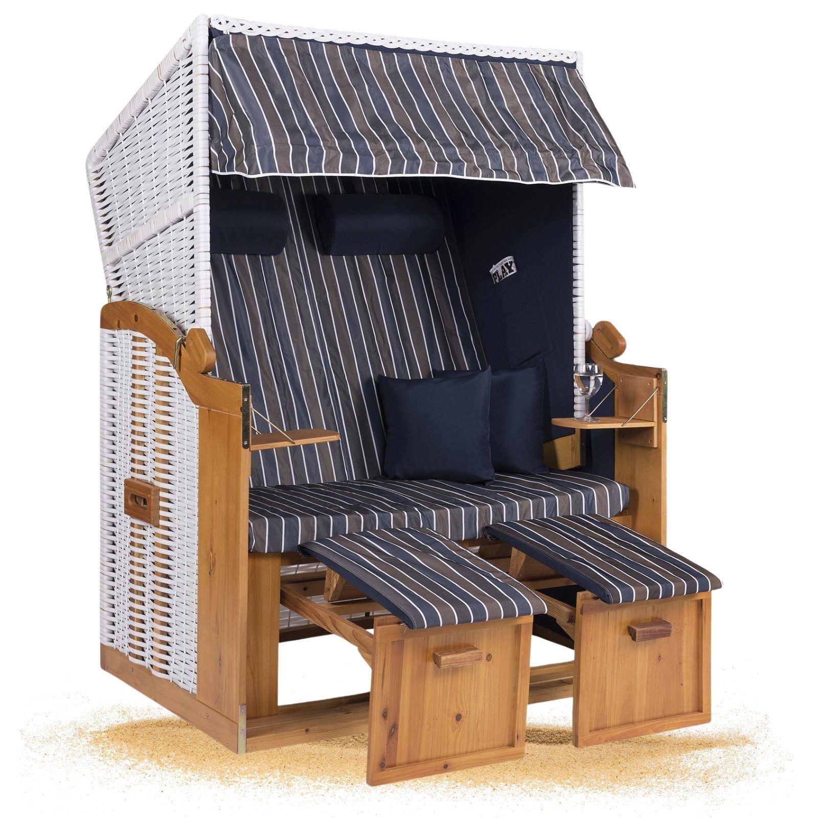 Strandkorb Hanse Strandkorb Strandkorb Ostsee 2 Sitzer blau braun weiß gestreift, BxTxH: 120x80x160 cm, Volllieger, Ostsee-Modell, (1-tlg), Stabiles Wacholder mit handgefertigtem Polyrattangeflecht